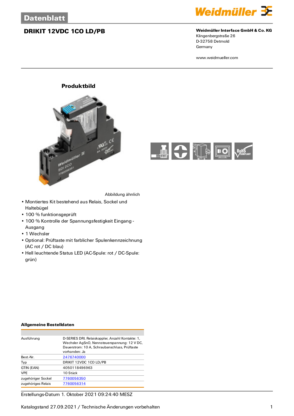 WEIDMÜLLER DRI 12VDC 1CO PB Datasheet