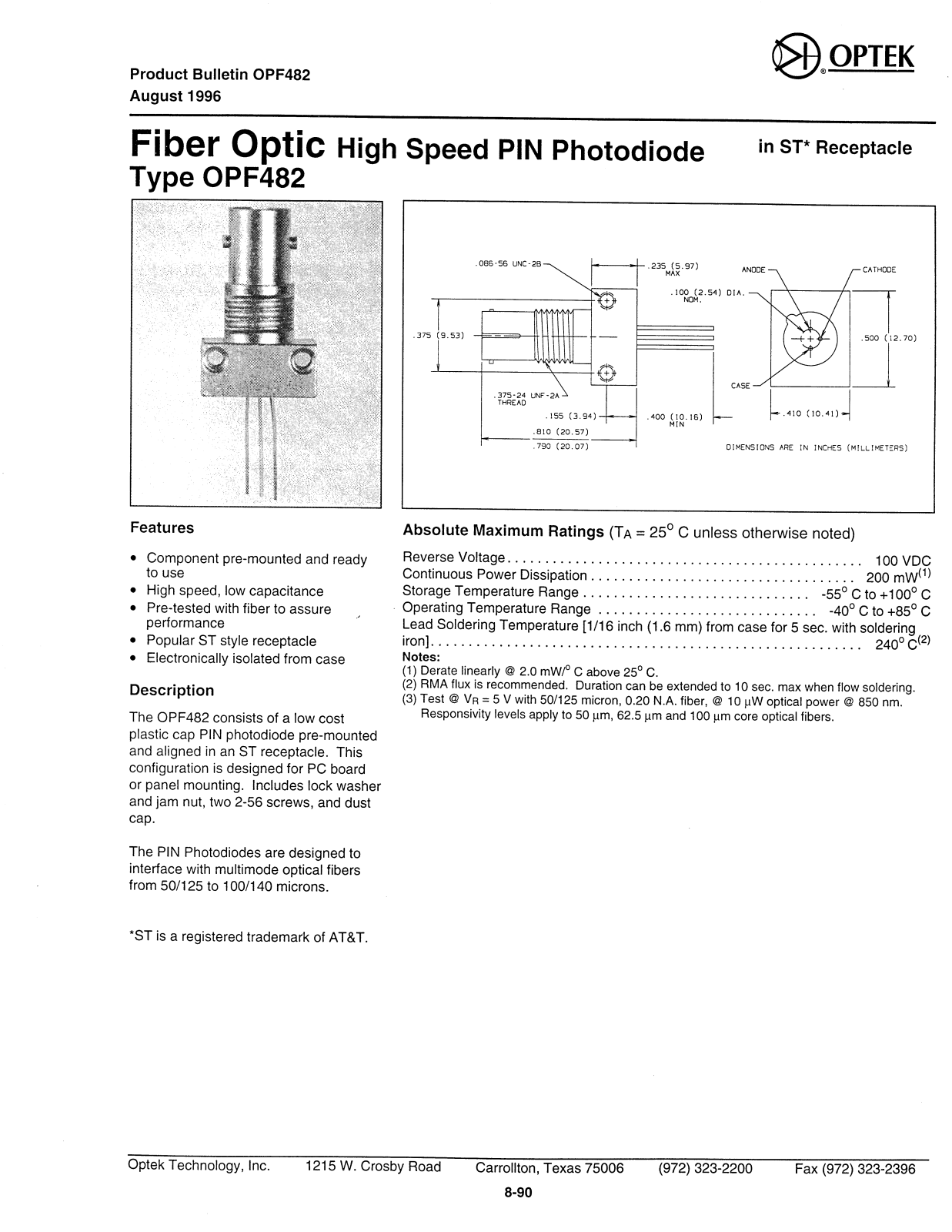 Datasheet OPF482 Datasheet (OPTEK) - ManualMachine.com