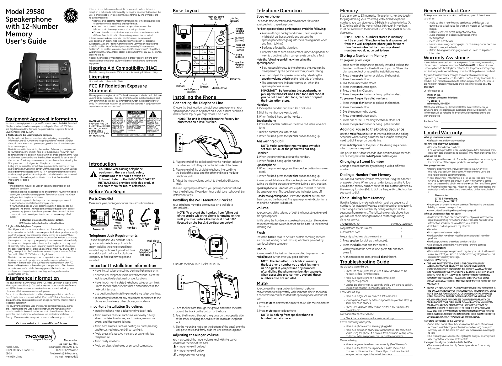 GE 21397, 29580 User Manual