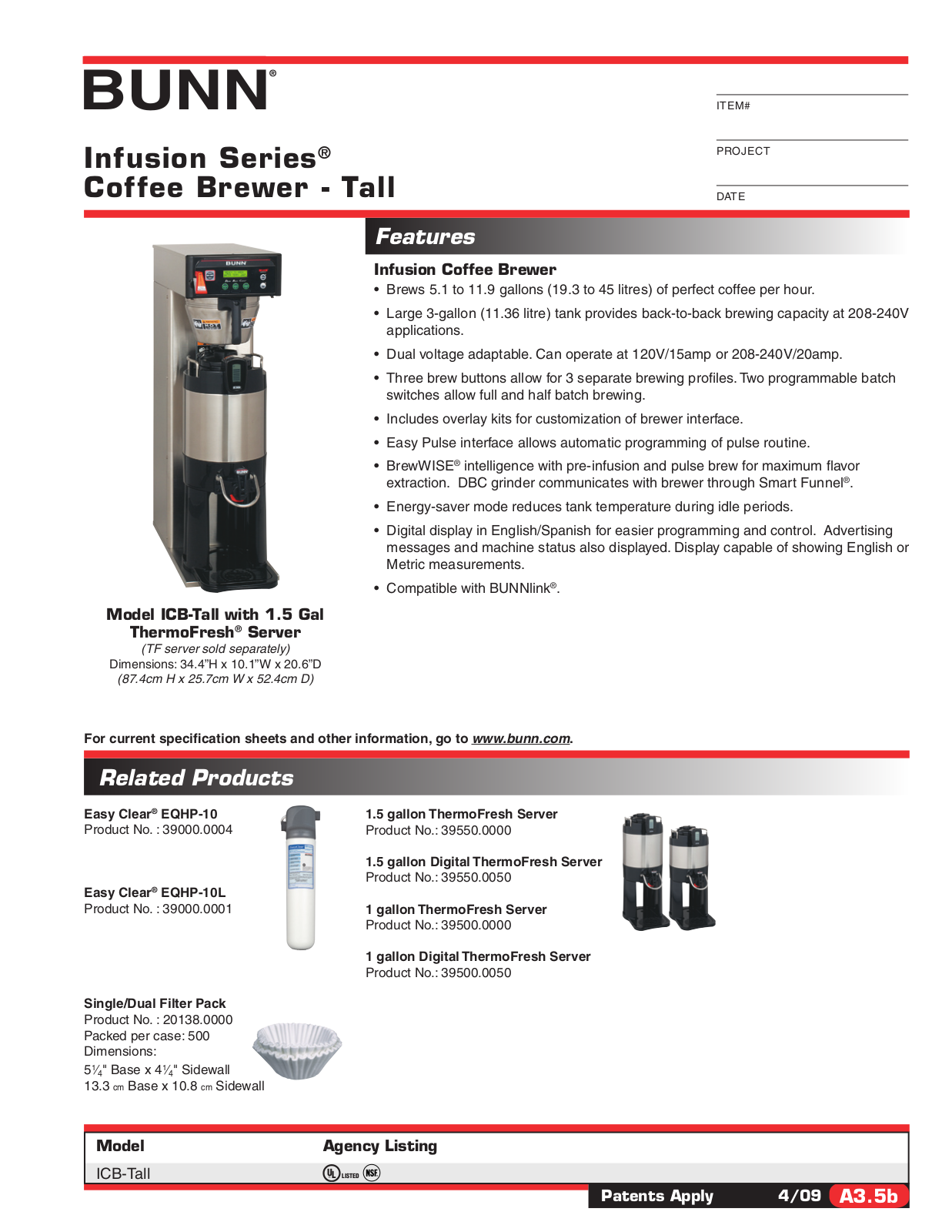 Bunn Coffee Maker ICB-Tall User Manual