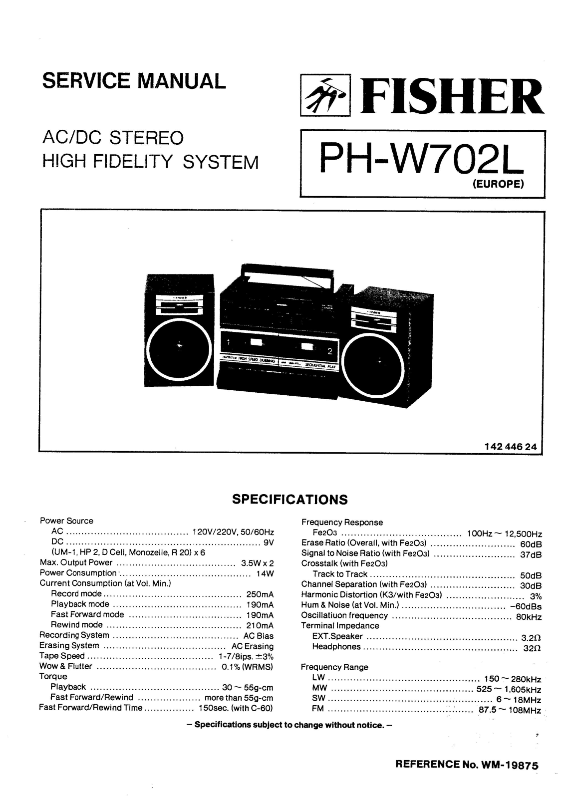 Fisher PHW-702-L Service Manual