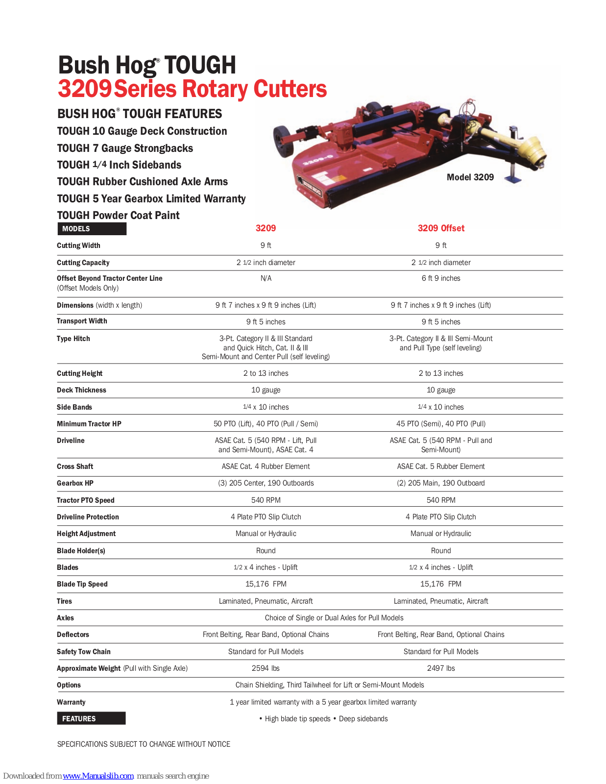 Bush Hog TOUGH 3209 Offset Specification Sheet