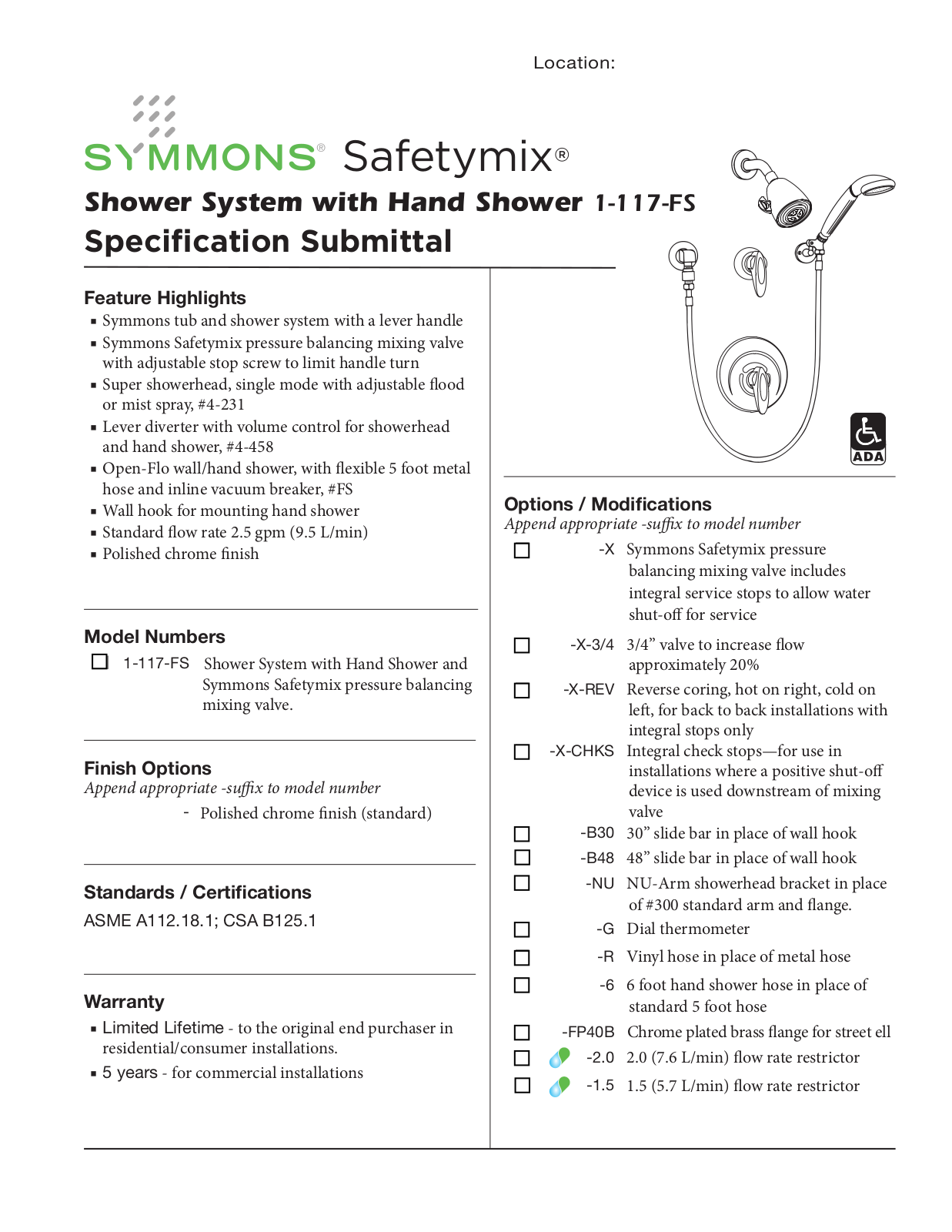 Symmons 1-117-FS User Manual