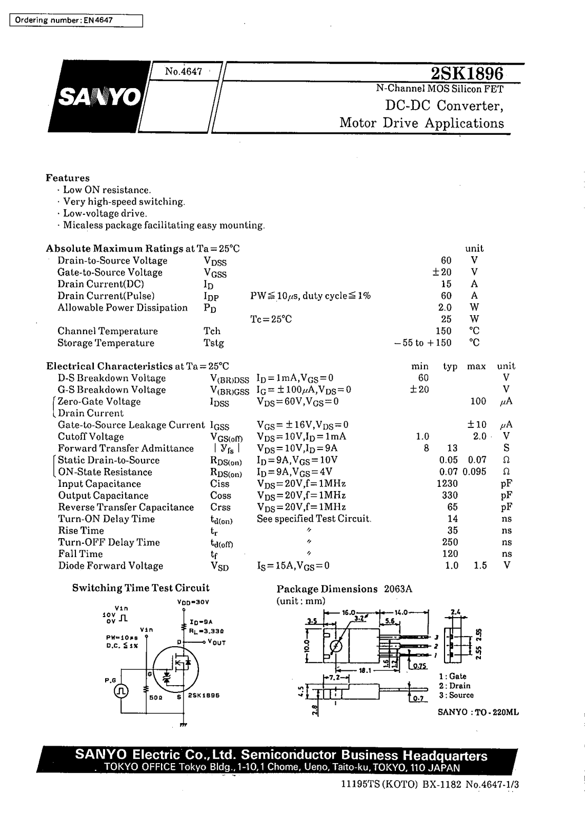 SANYO 2SK1896 Datasheet