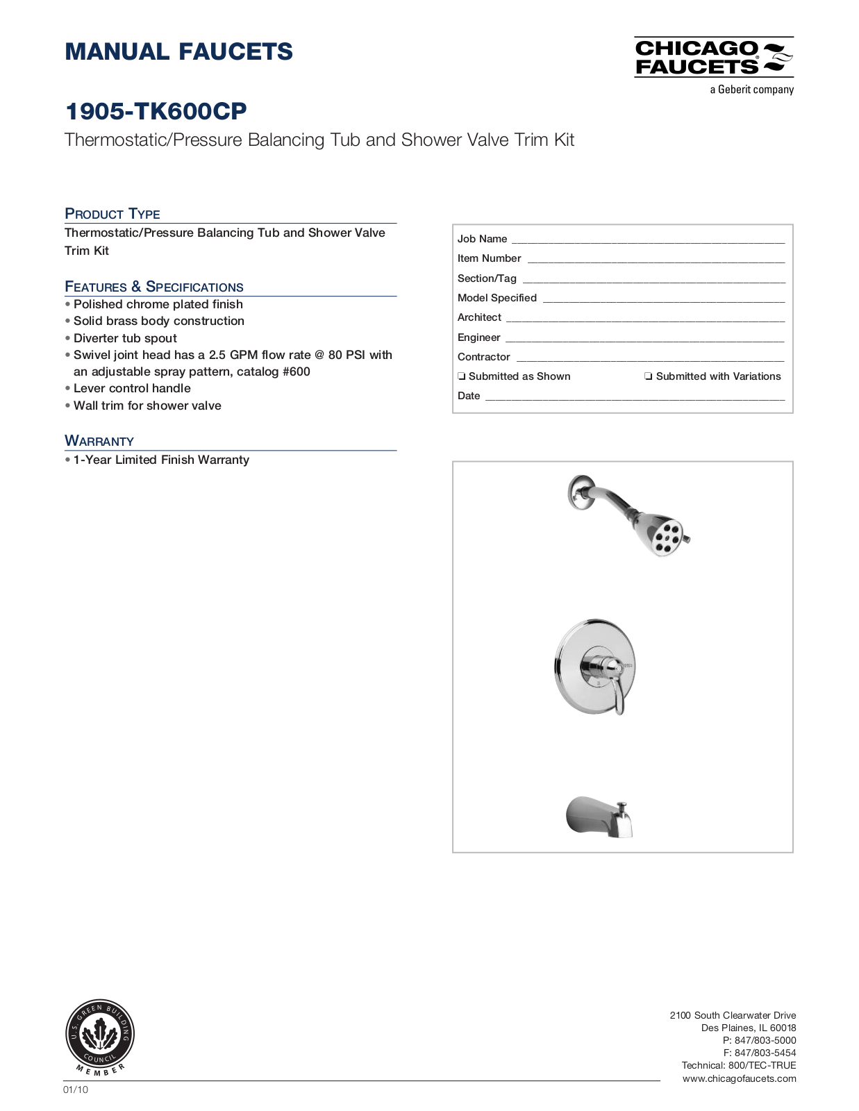 Chicago Faucet 1905-TK600 Specifications