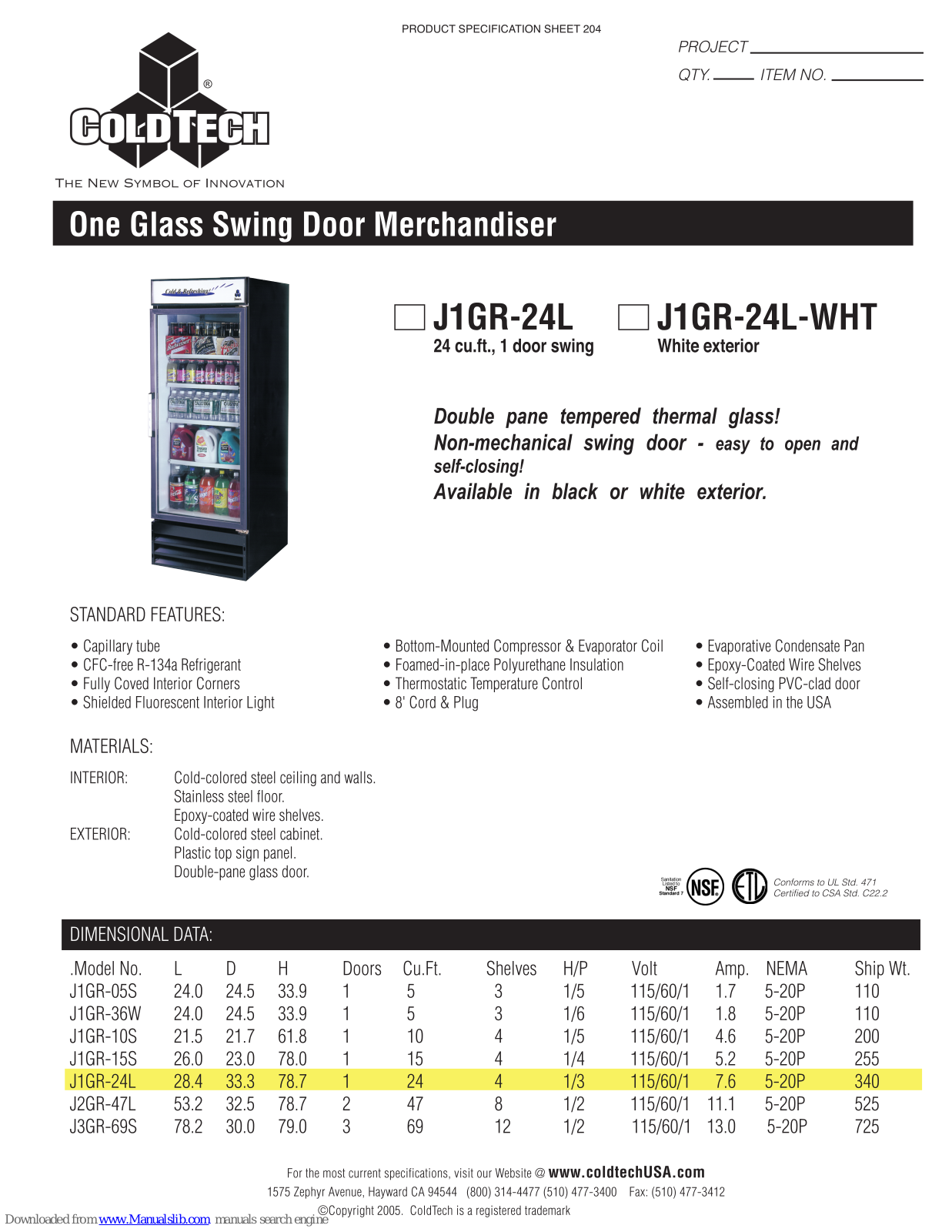 ColdTech J1GR-24L, J1GR-24L-WHT Specifications - ManualMachine.com