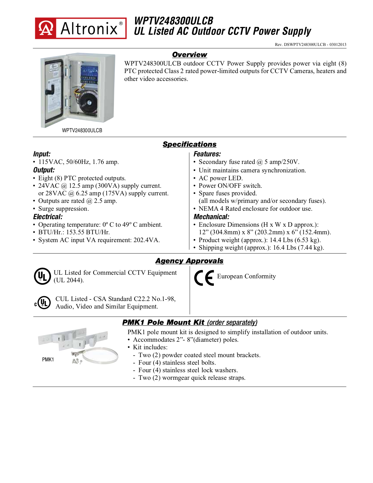 Altronix WPTV248300ULCB Data Sheet