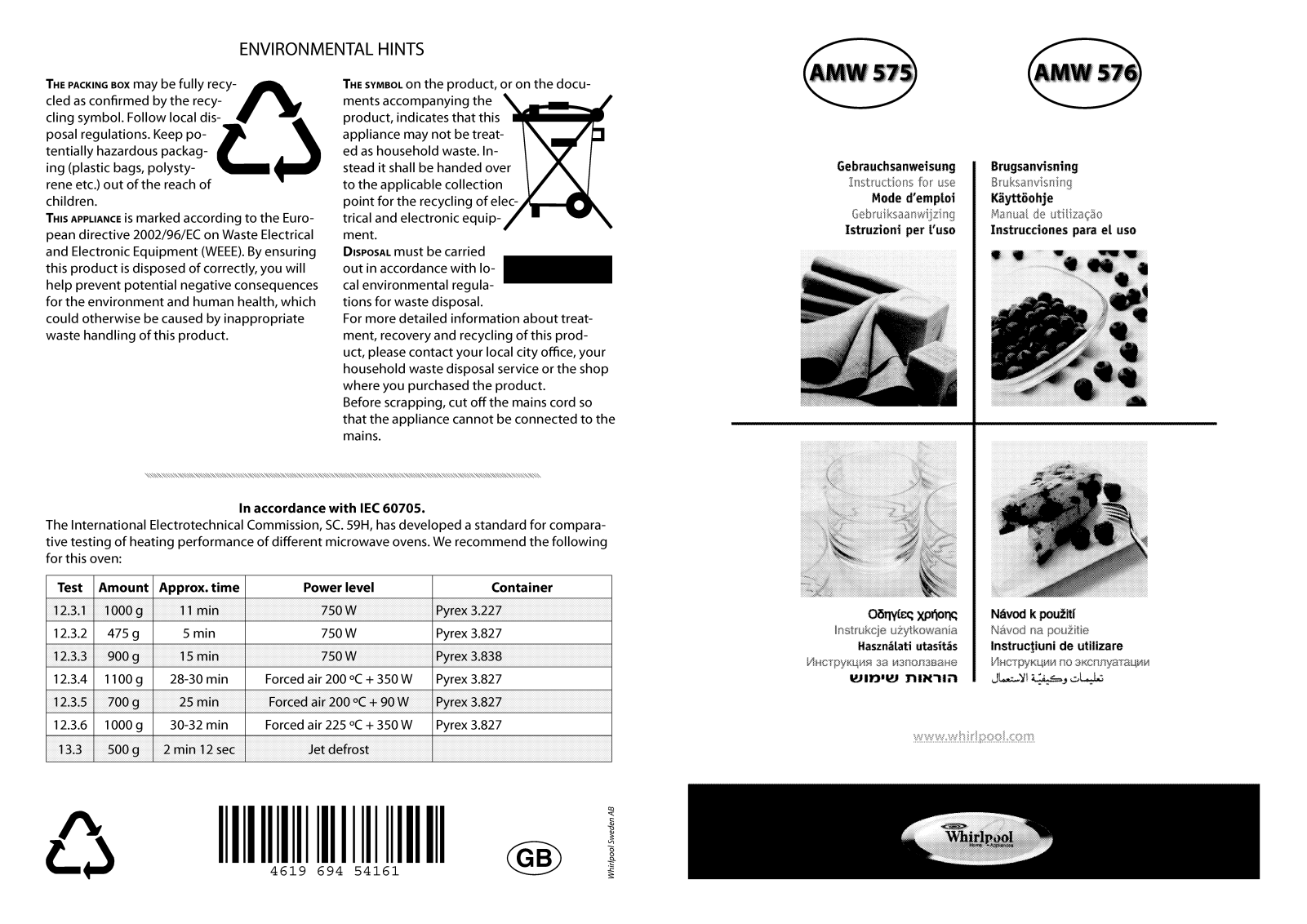 Whirlpool AMW 576 TI, AMW 576 NB, AMW 576 IX, AMW 576 WH, AMW 575 IX INSTRUCTION FOR USE