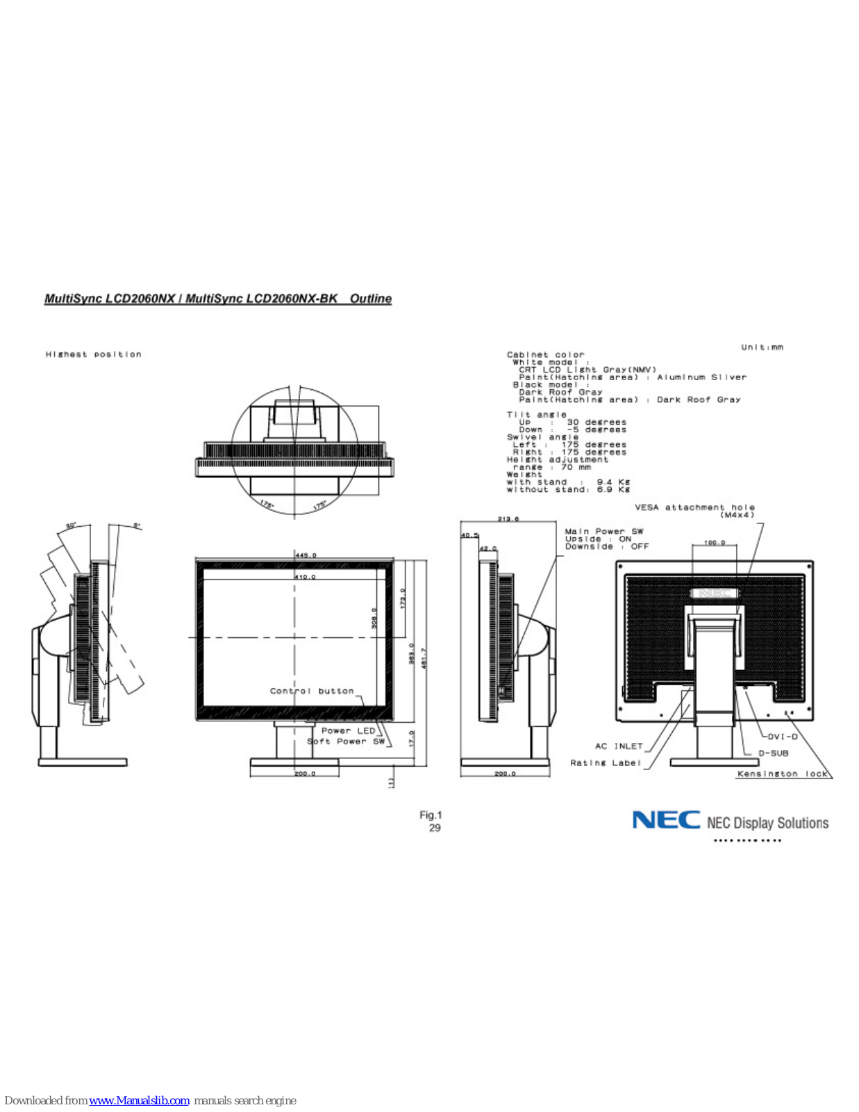 NEC MultiSync LCD2060NX, MultiSync LCD2060NX-BK Dimensional Drawing - ManualMachine.com