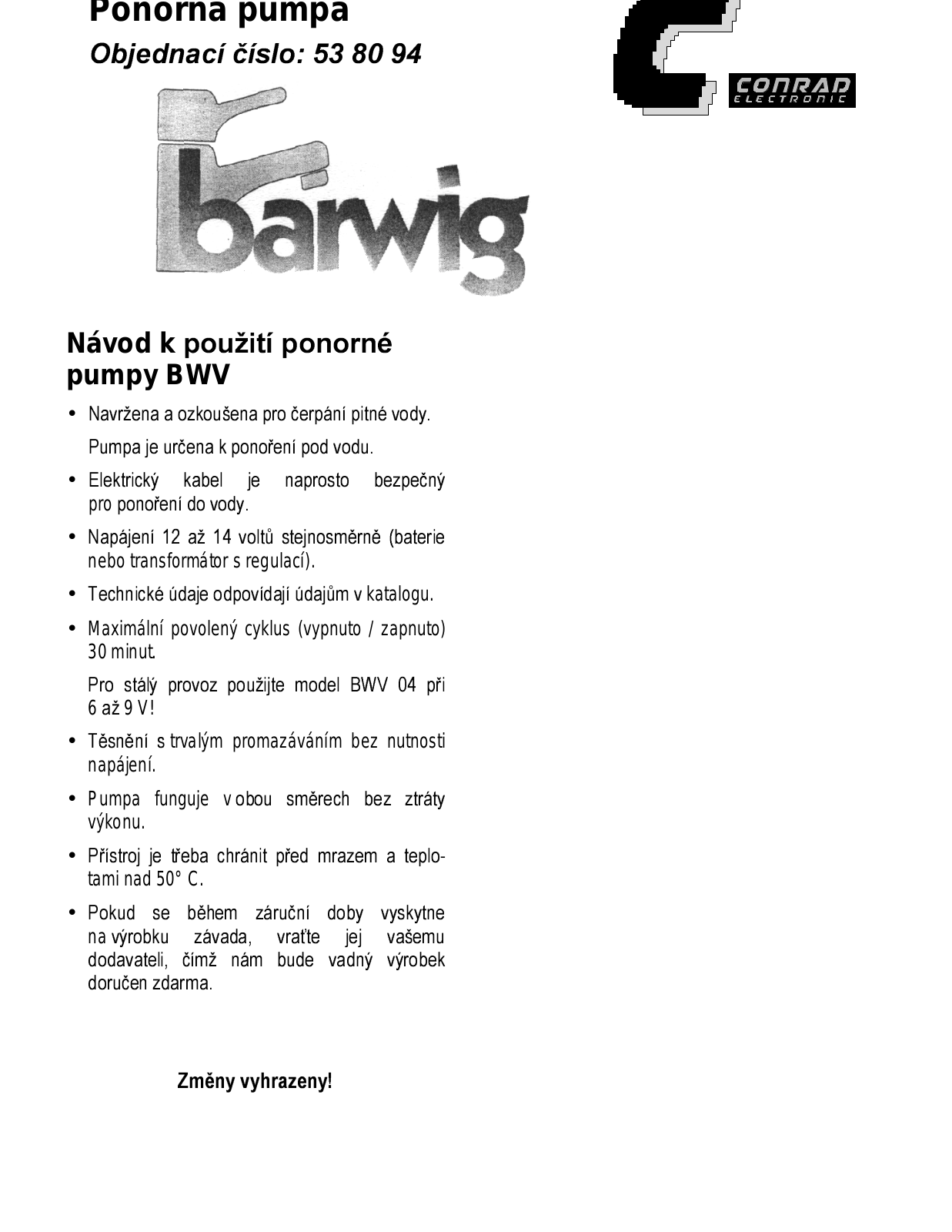 CNR Barwig BWV088 User Manual