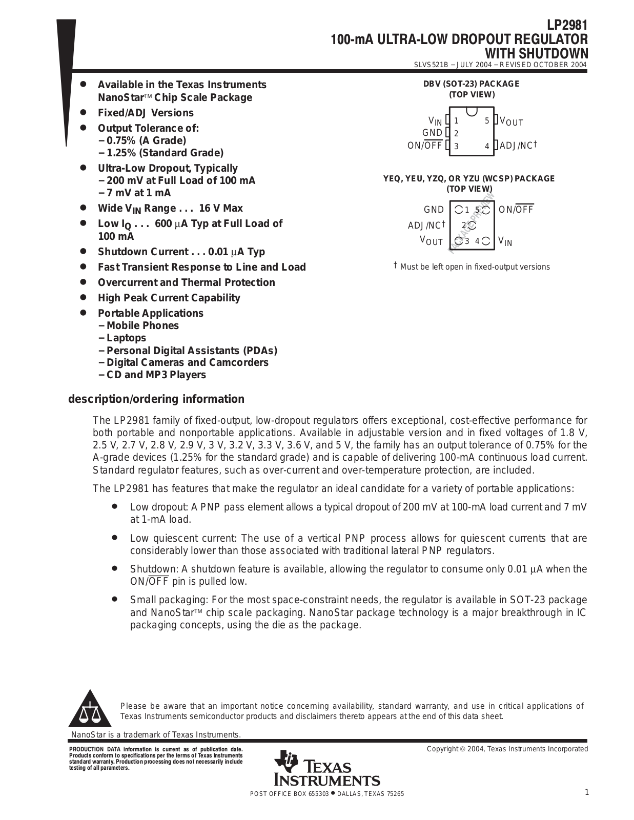 TEXAS INSTRUMENTS LP2981 Technical data