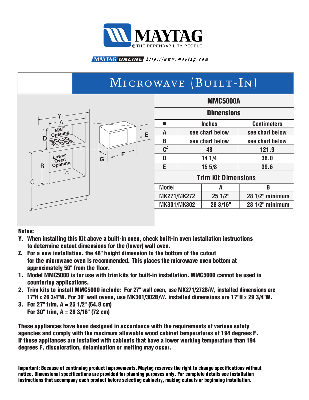 Maytag MMV5000ADA Dimension Guide