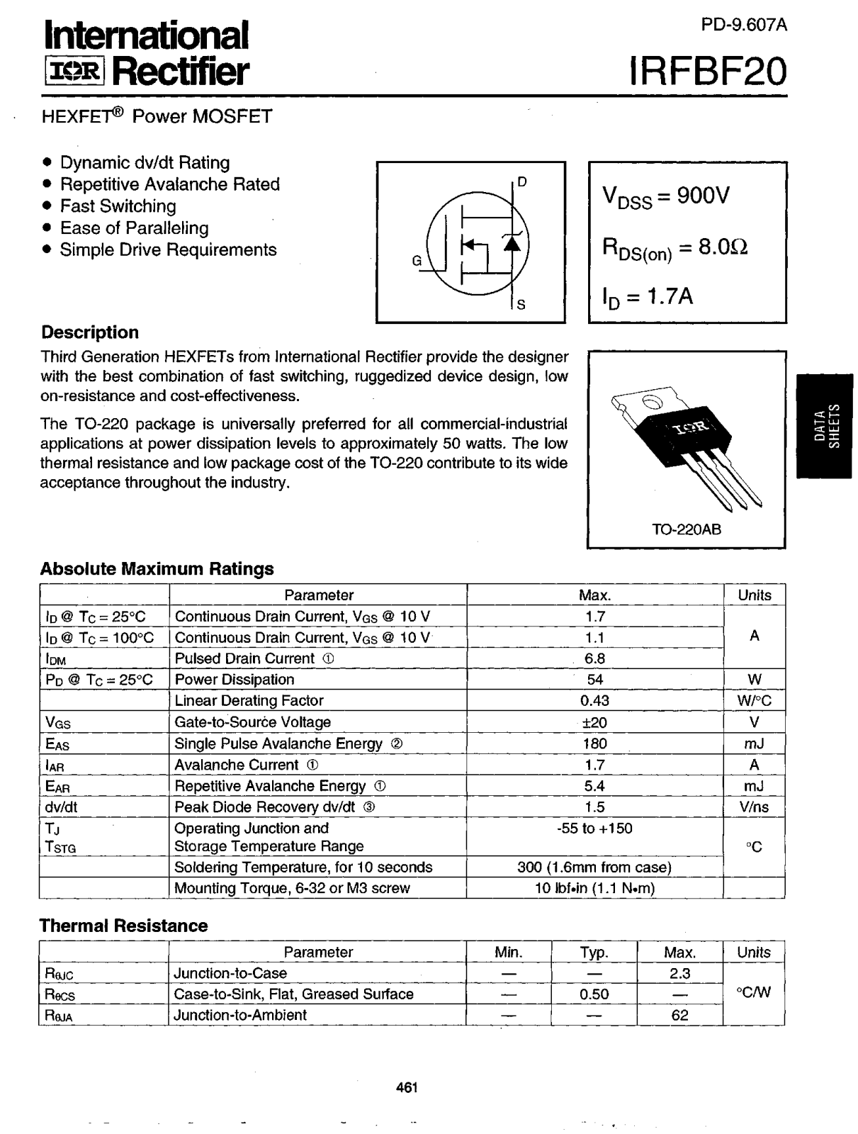 International Rectifier IRFBF20 Datasheet