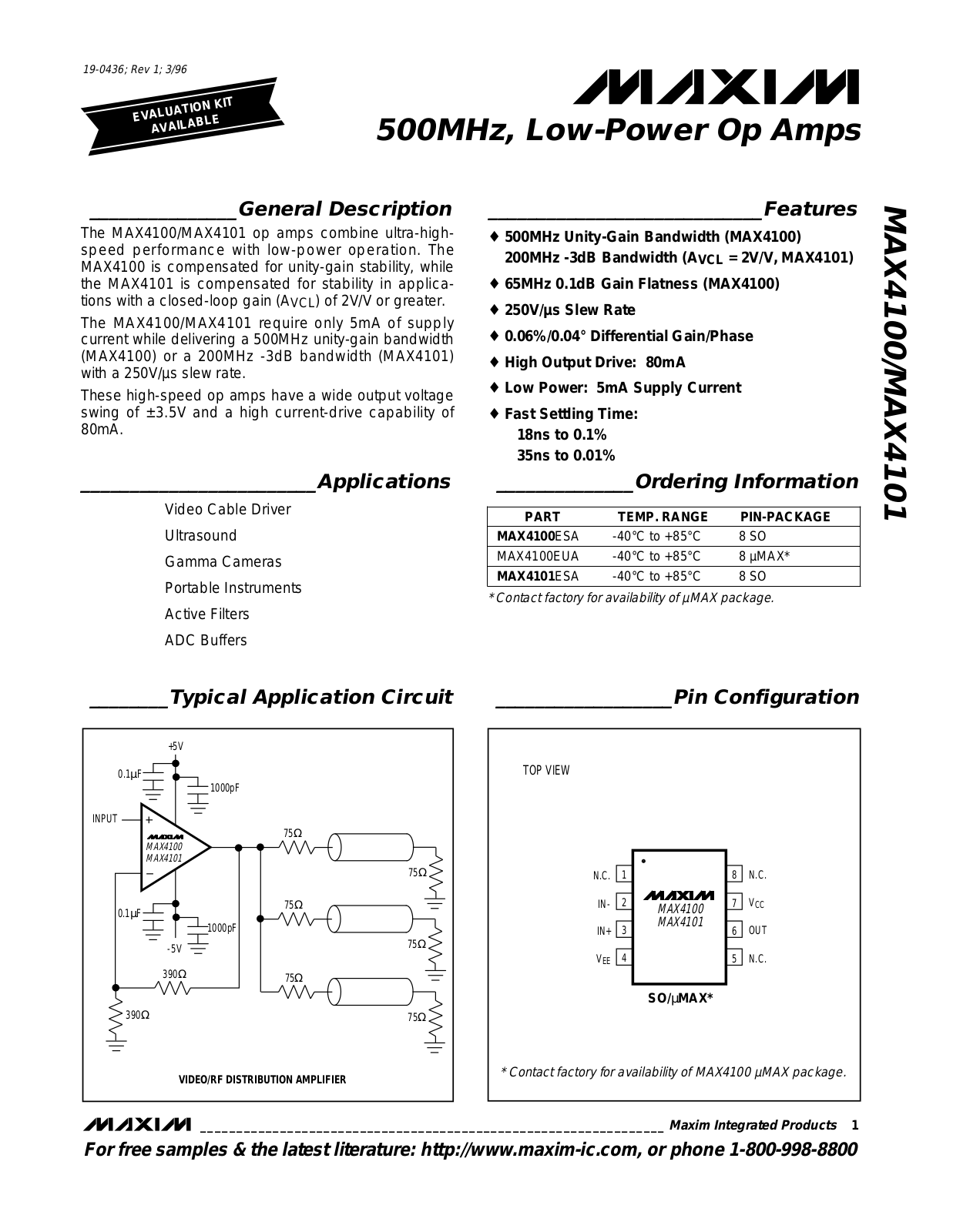 Maxim MAX4101ESA, MAX4100EUA, MAX4100ESA Datasheet