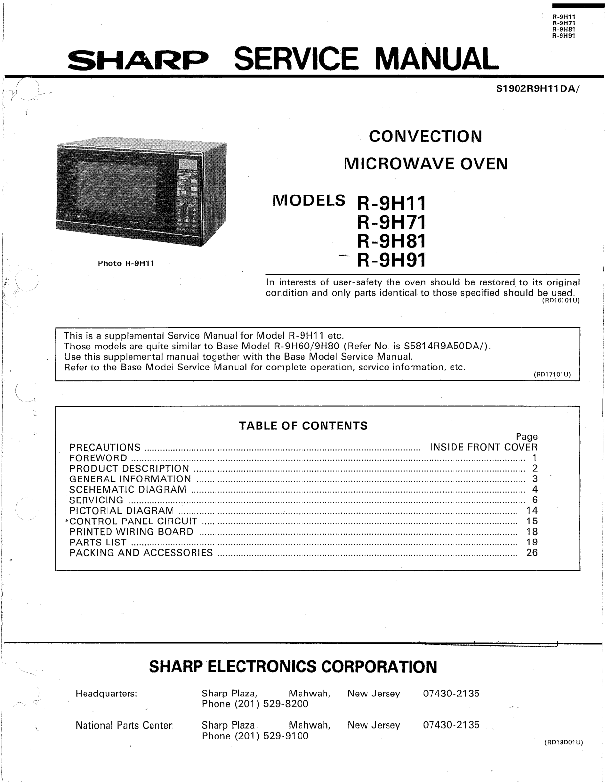 SHARP R9H81, R-9H11, R-9H71, R-9H91. Service Manual