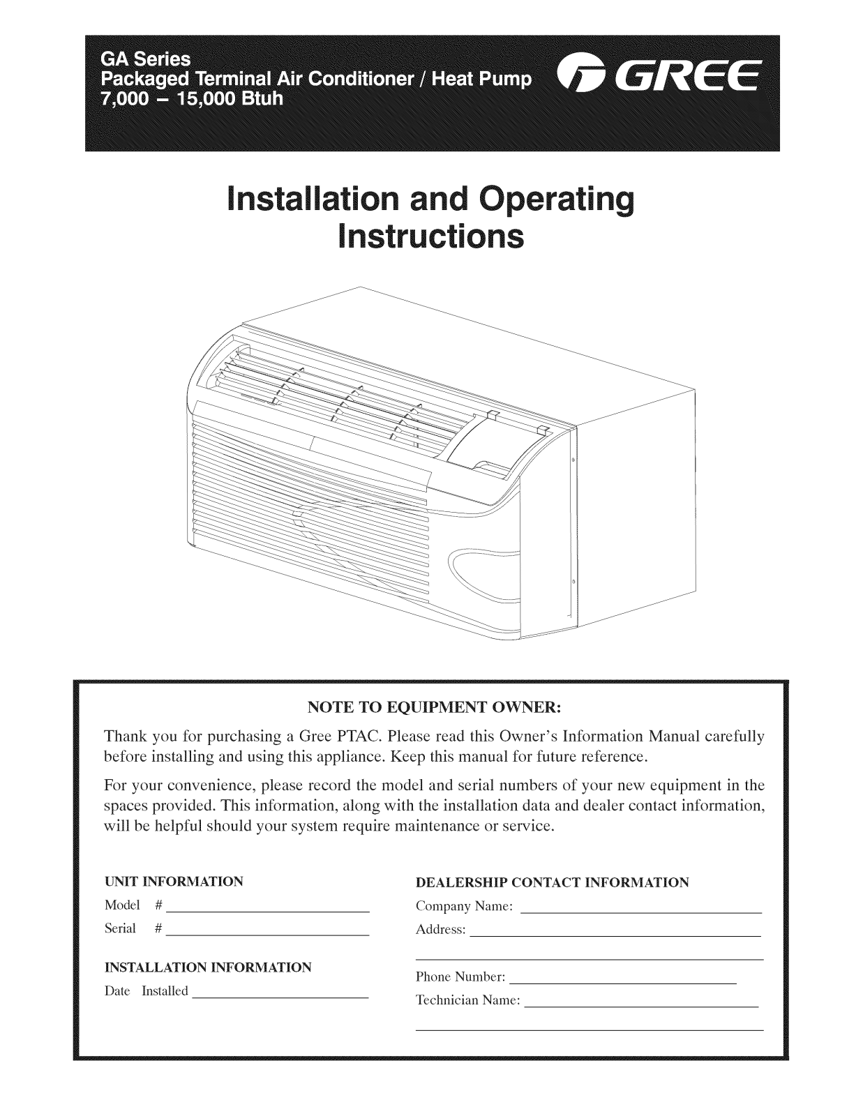 Gree PTAC-GAA07AB-D, PTAC-GAA07AB-P, PTAC-GAA09AB-D, PTAC-GAA09AB-P, PTAC-GAA12AB-D Installation Guide - ManualMachine.com