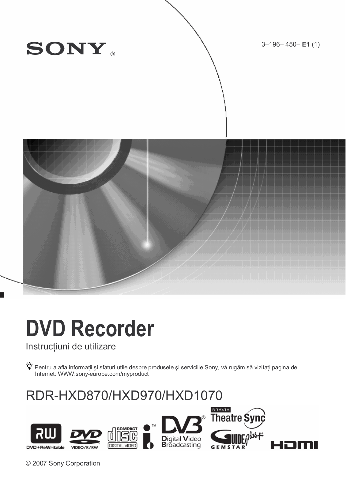 Sony RDR-HXD870, RDR-HXD970, RDR-HXD1070 User Manual