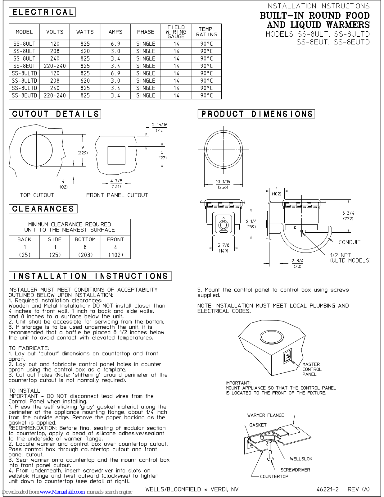 Wells SS-8EUT, SS-8ULT, SS-8ULTD Installation Instructions Manual