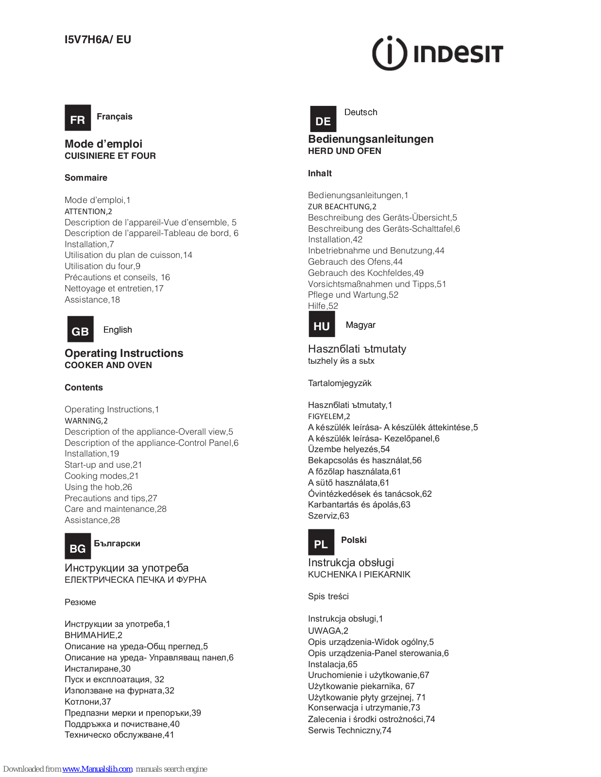 Indesit I5V7H6A Operating Instructions Manual