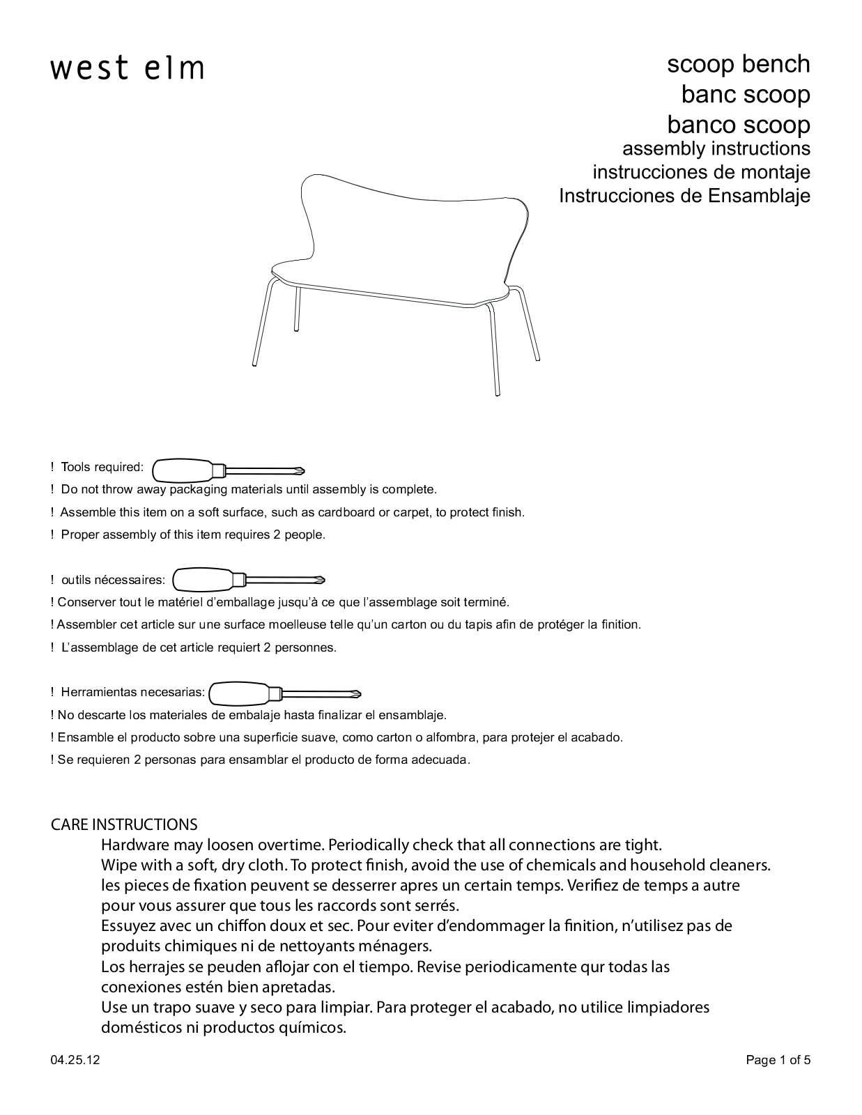 West Elm Scoop Back Bench Assembly Instruction