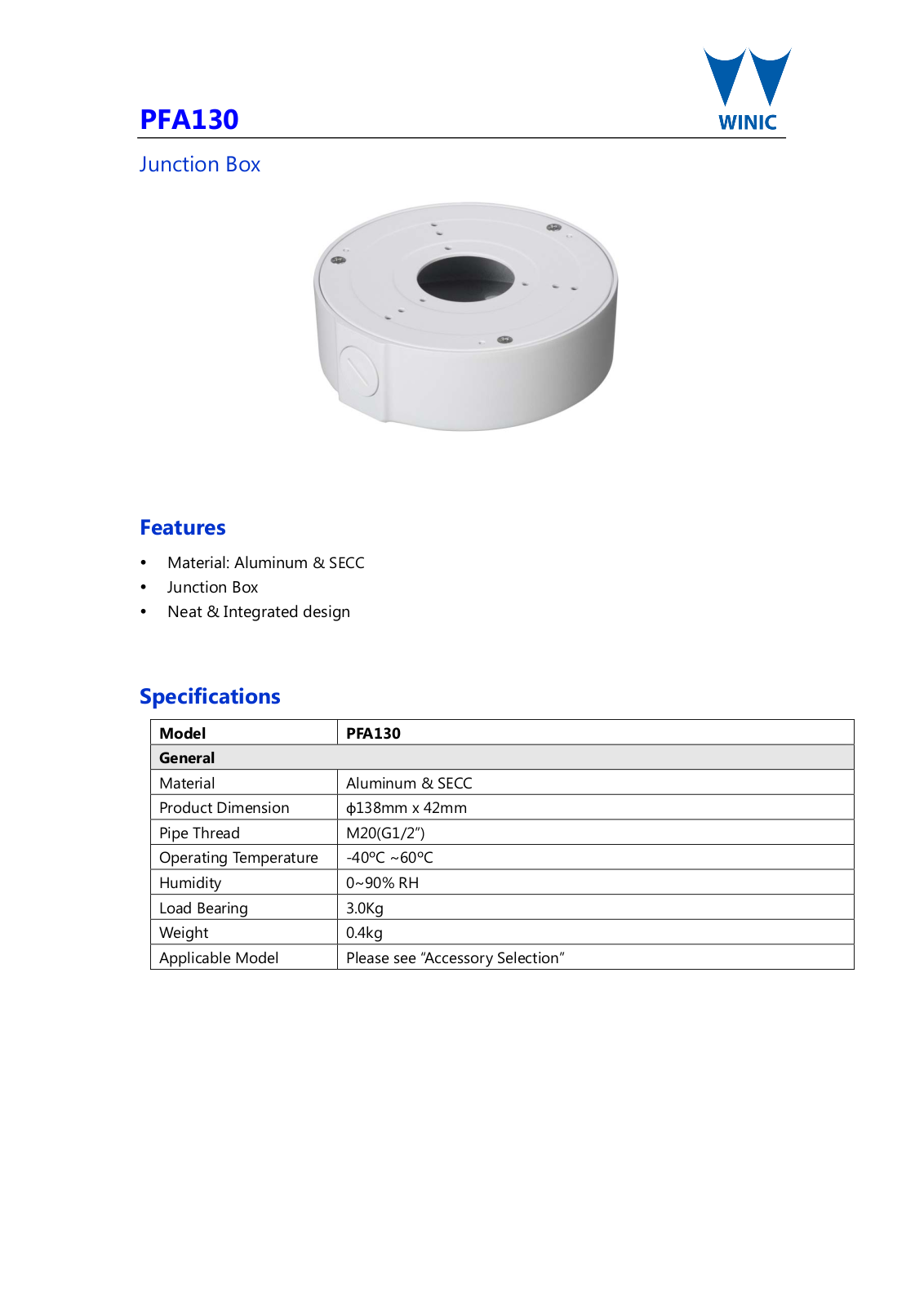 Cantek CT-W-PFA130 Specsheet