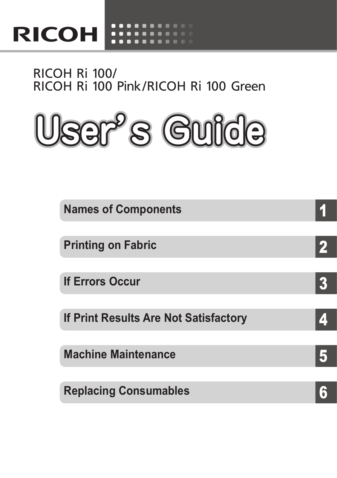 Ricoh Ri 100, Ri 100 Pink, Ri 100 Green User Manual