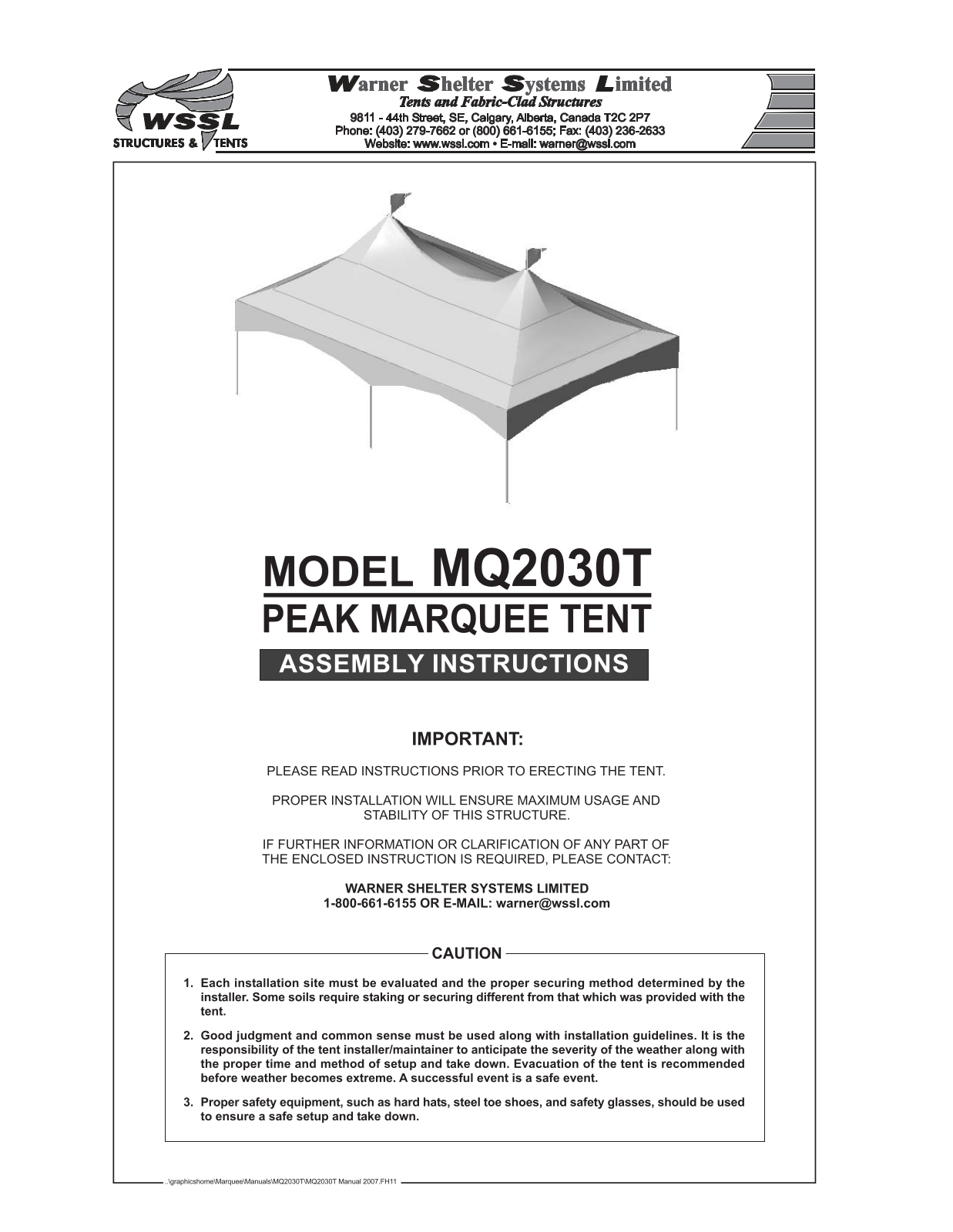 Warner Shelter Systems Limited MQ2030T Assembly Instructions Manual