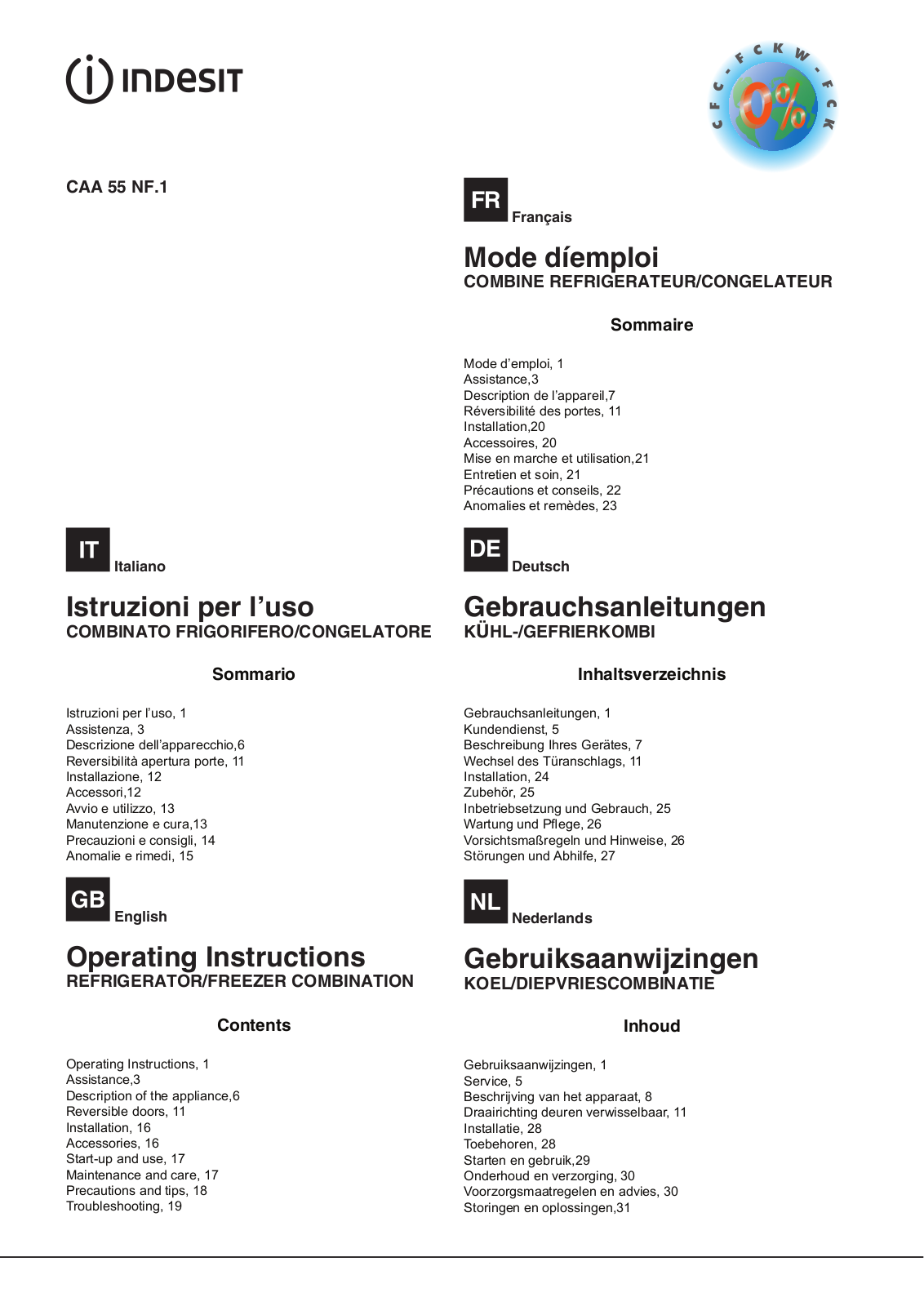 INDESIT CAA 55 NF.1 User Manual