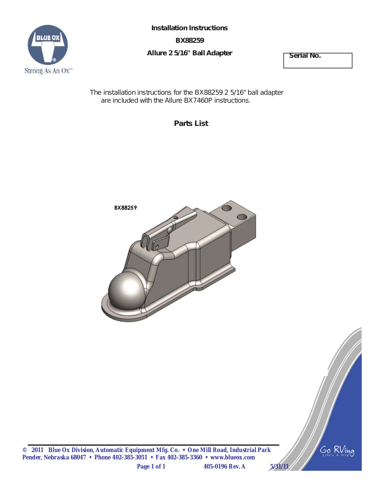 Blue Ox BX88259 User Manual