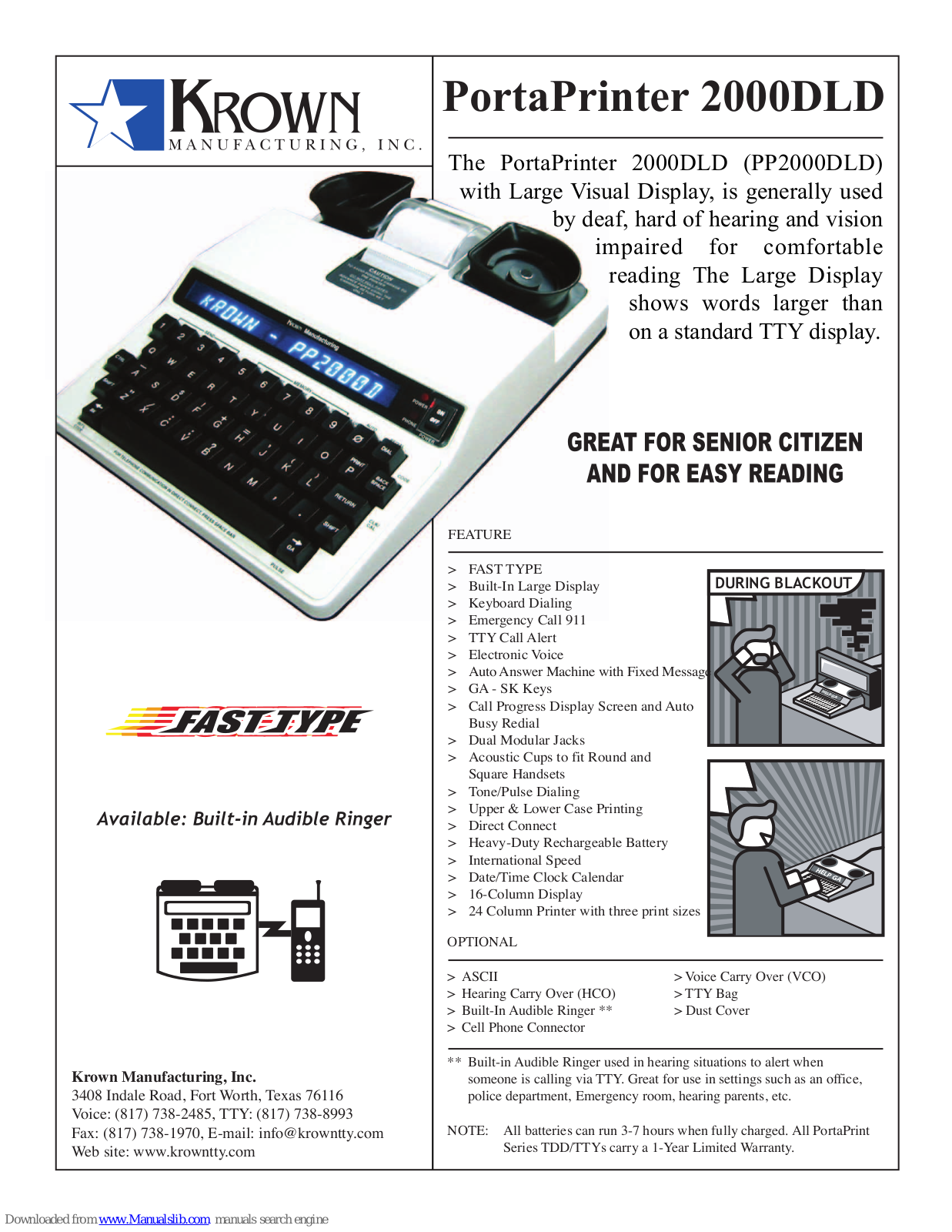 Krown PP2000DLD, PortaPrinter 2000DLD Specifications