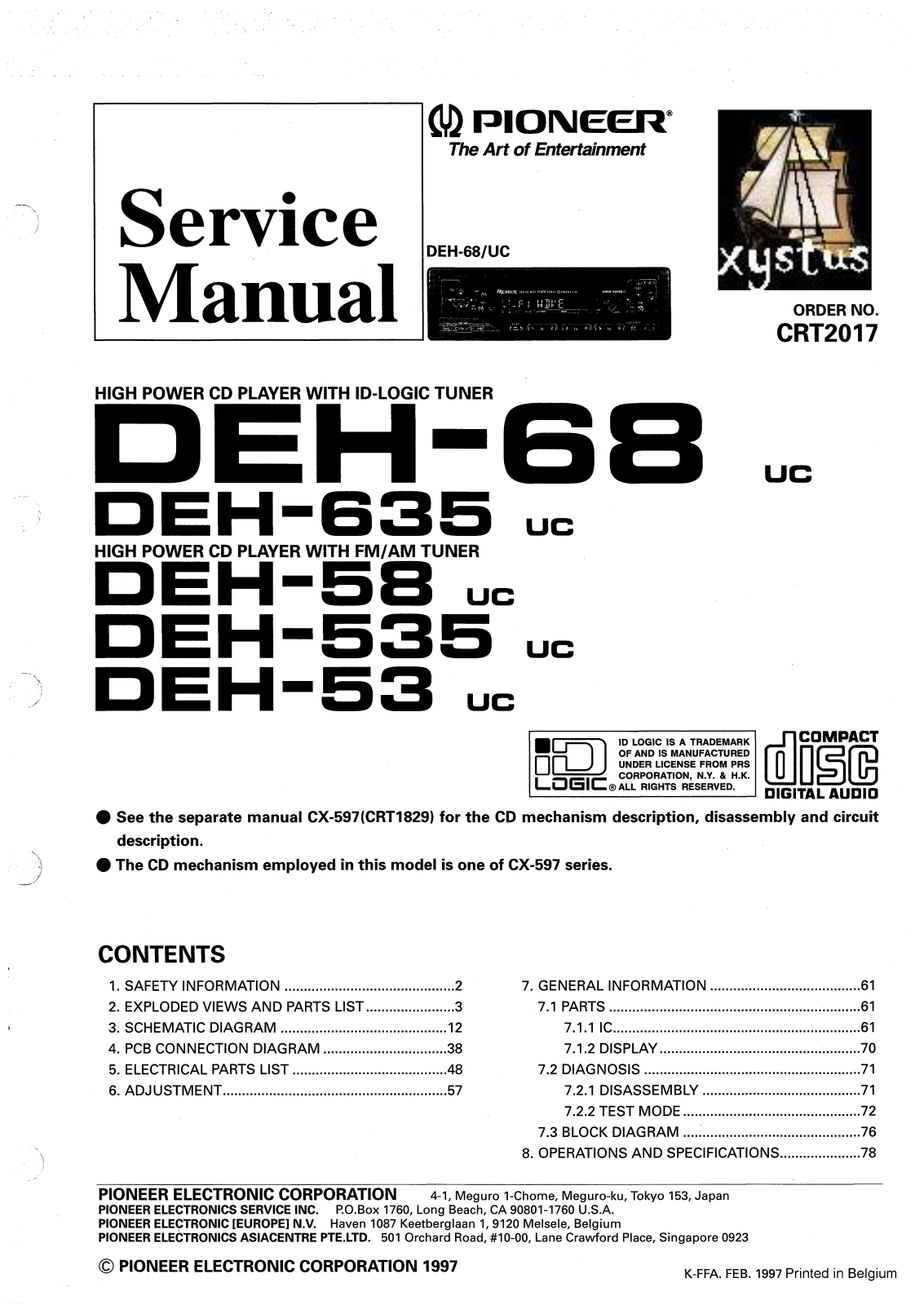 Pioneer DEH-68, DEH-635, DEH-58, DEH-535, DEH-53 Schematic