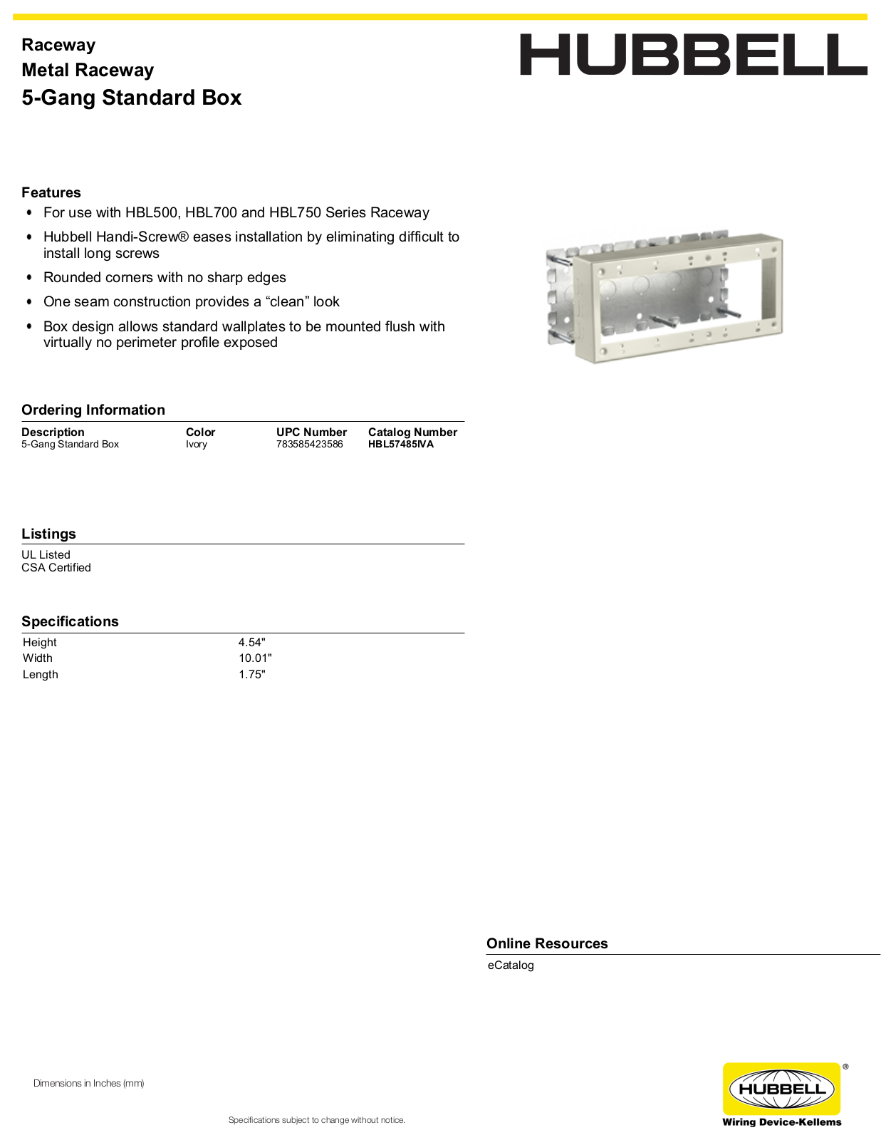 Hubbell HBL57485IVA Specifications