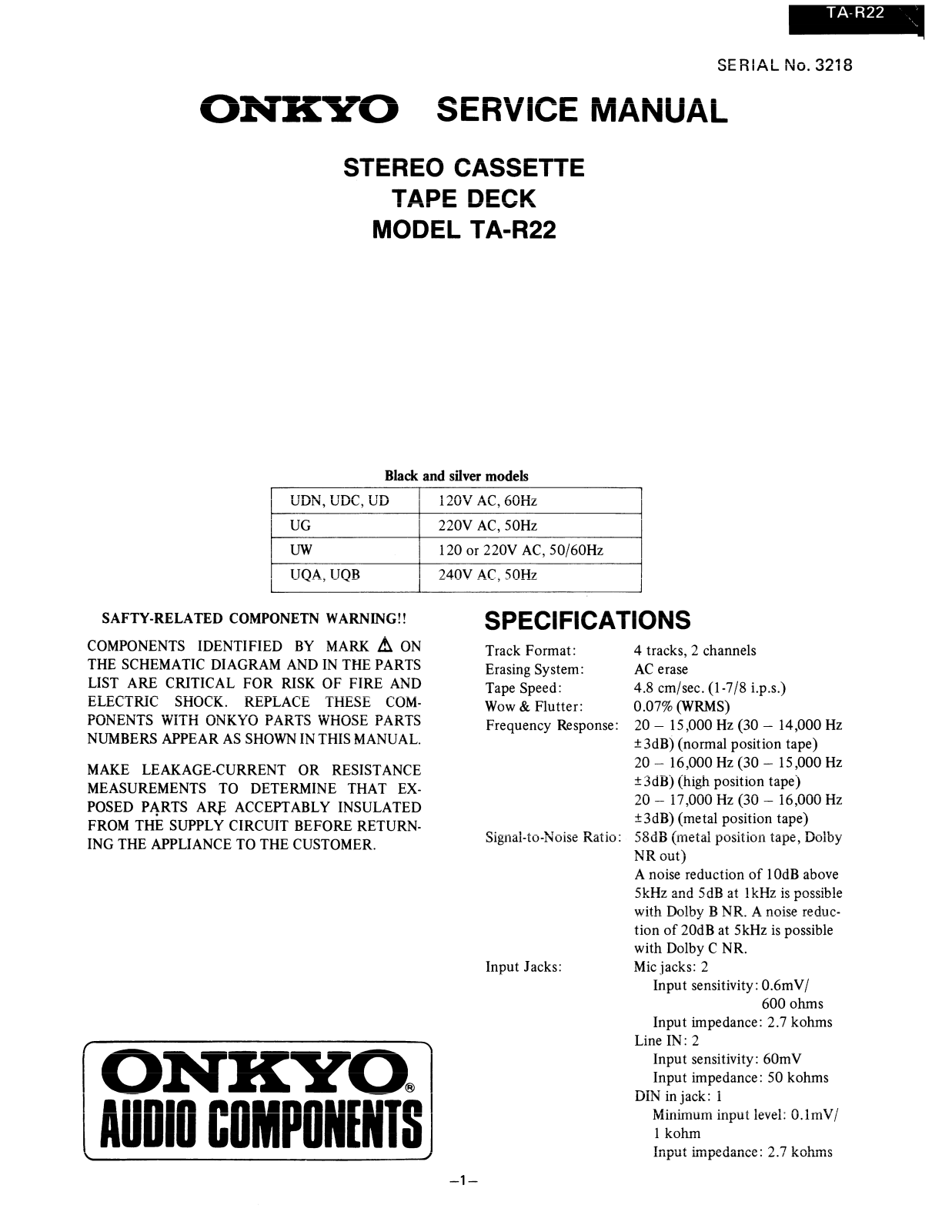 Onkyo TAR-22 Service manual