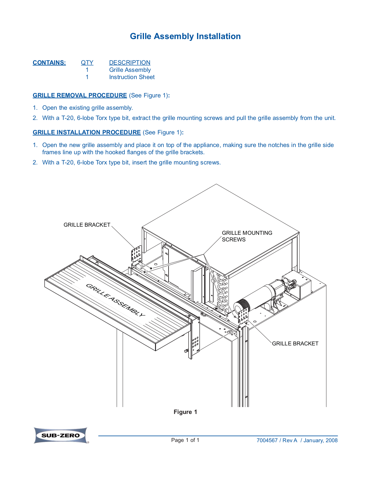 Sub Zero 7003519, 7003523, 7003548, 7003544, 7003532 Installation