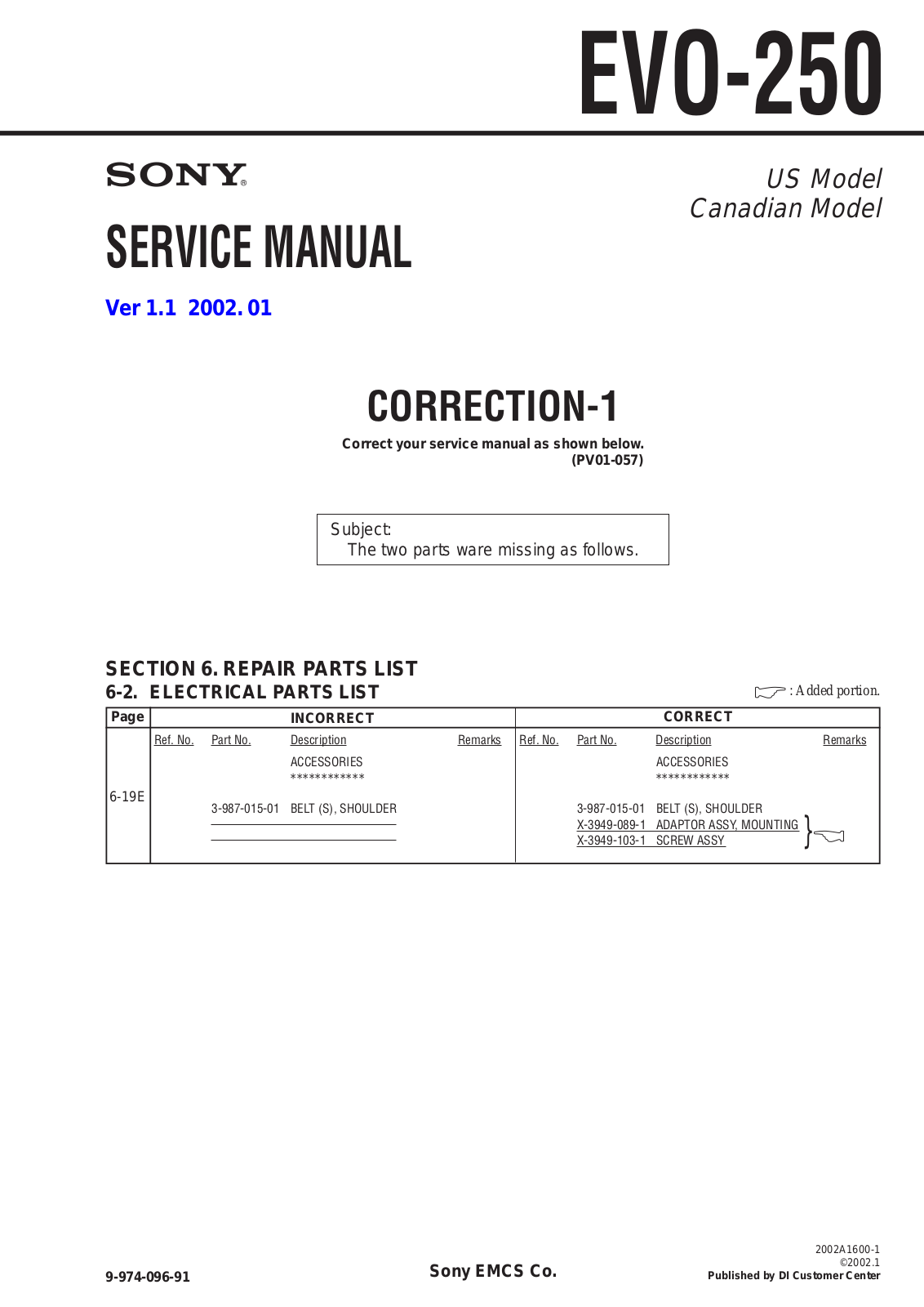 Sony EVO-250 Service Manual