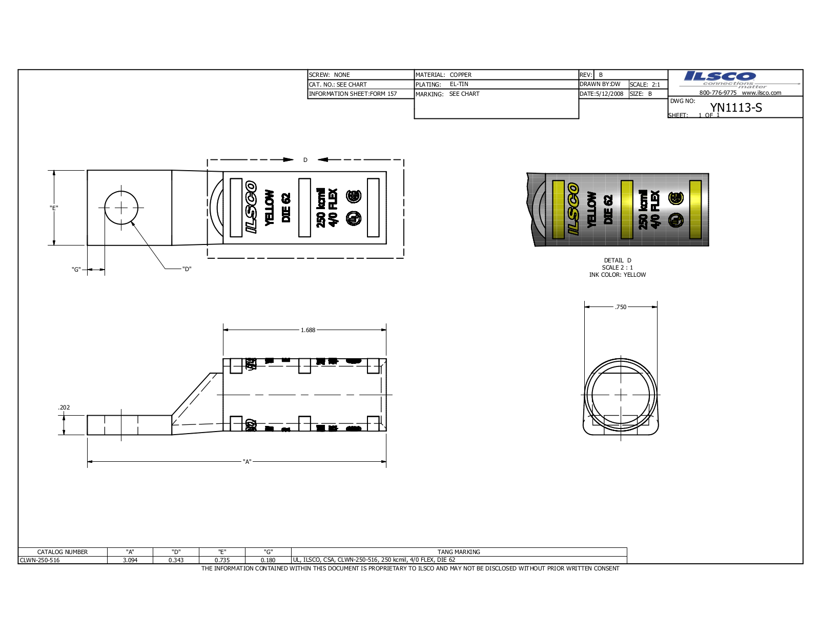 Ilsco CLWN-250-516 Data sheet