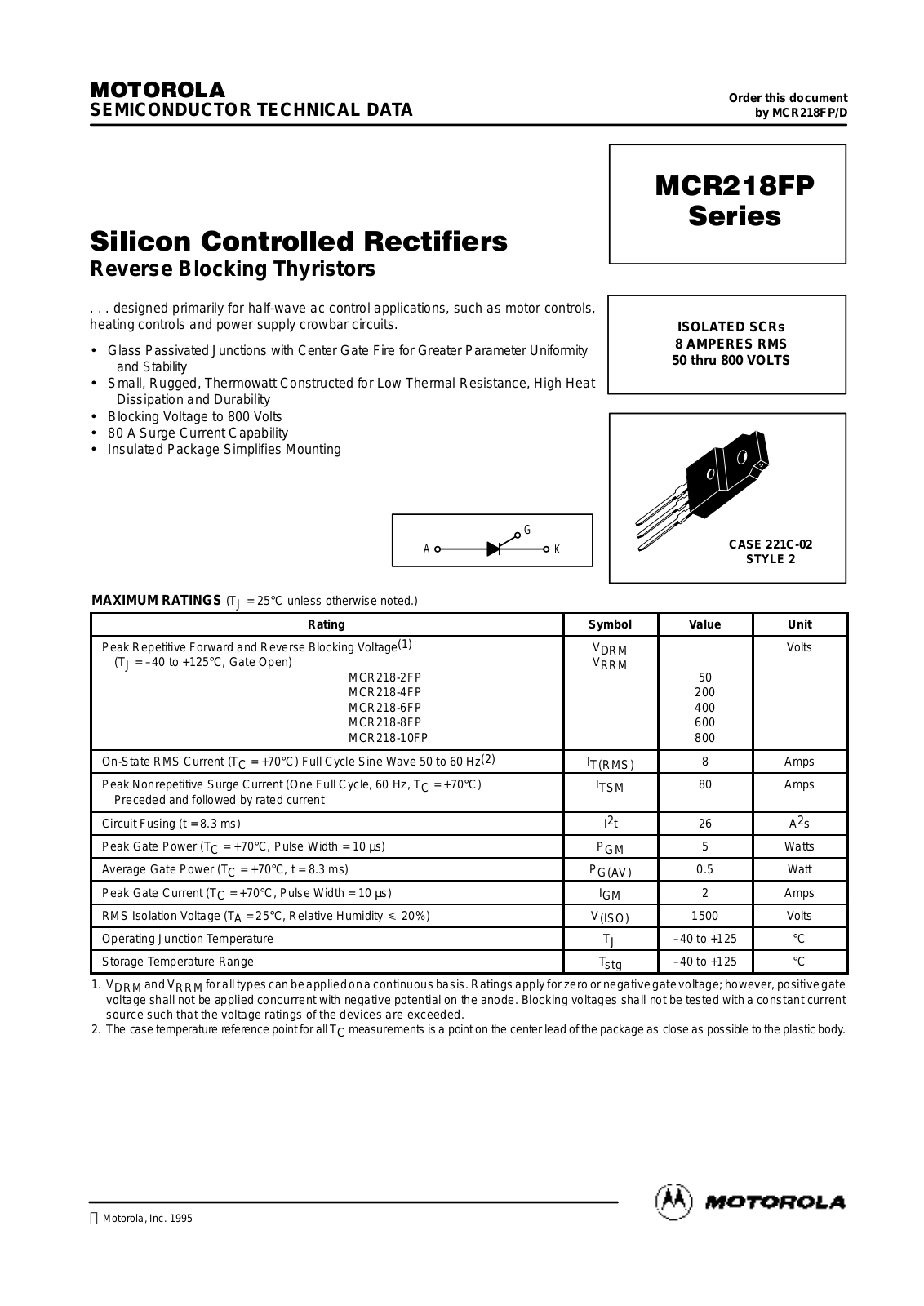 Motorola MCR218-8FP, MCR218-2FP, MCR218-10FP, MCR218-6FP, MCR218-4FP Datasheet