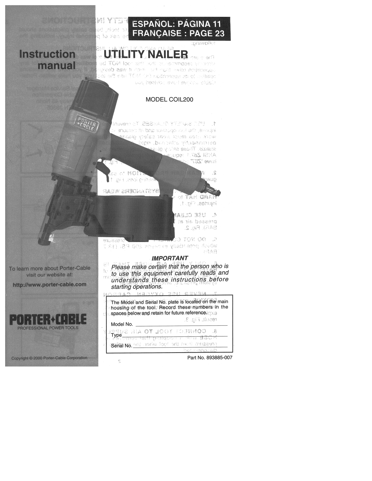 Porter-Cable 893885-007, COIL200 User Manual