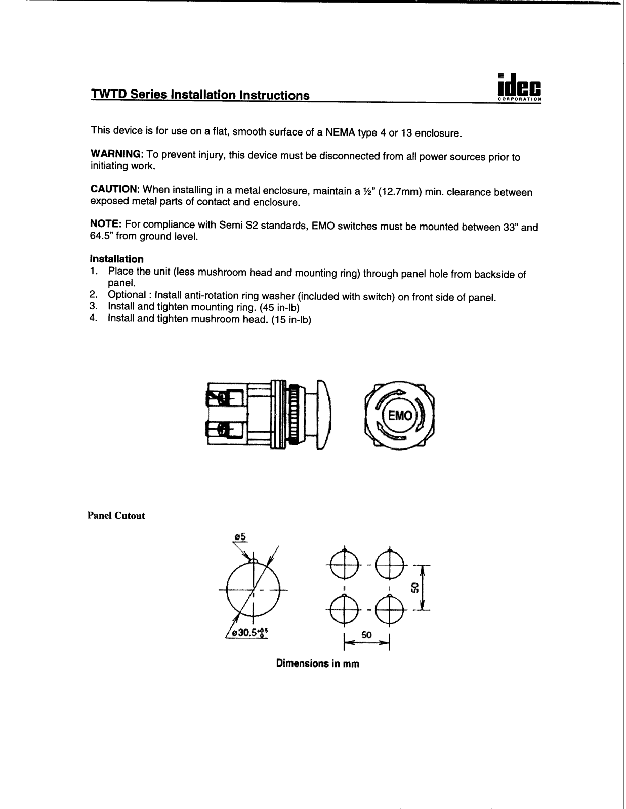 IDEC TWTD Series Installation Instructions