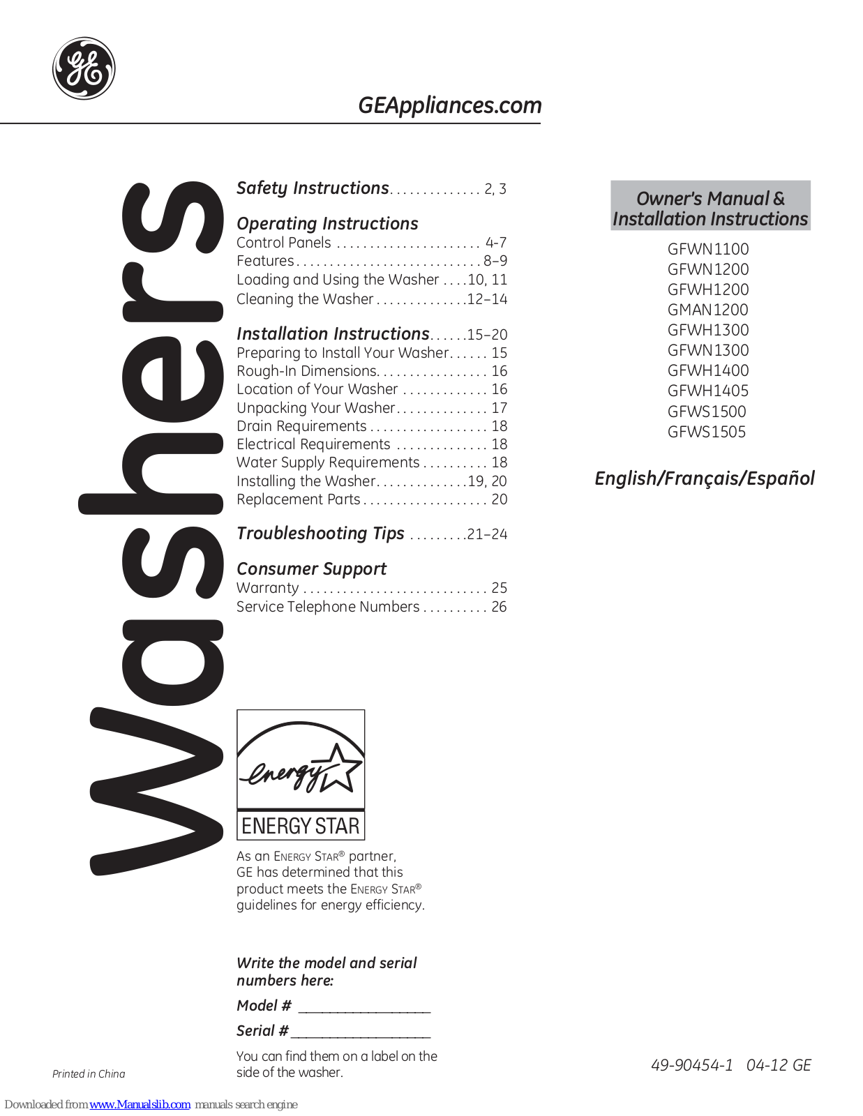 GE GFWS1500DWW, GFWH1200DWW, GFWN1100LWW Owner's Manual & Installation Instructions