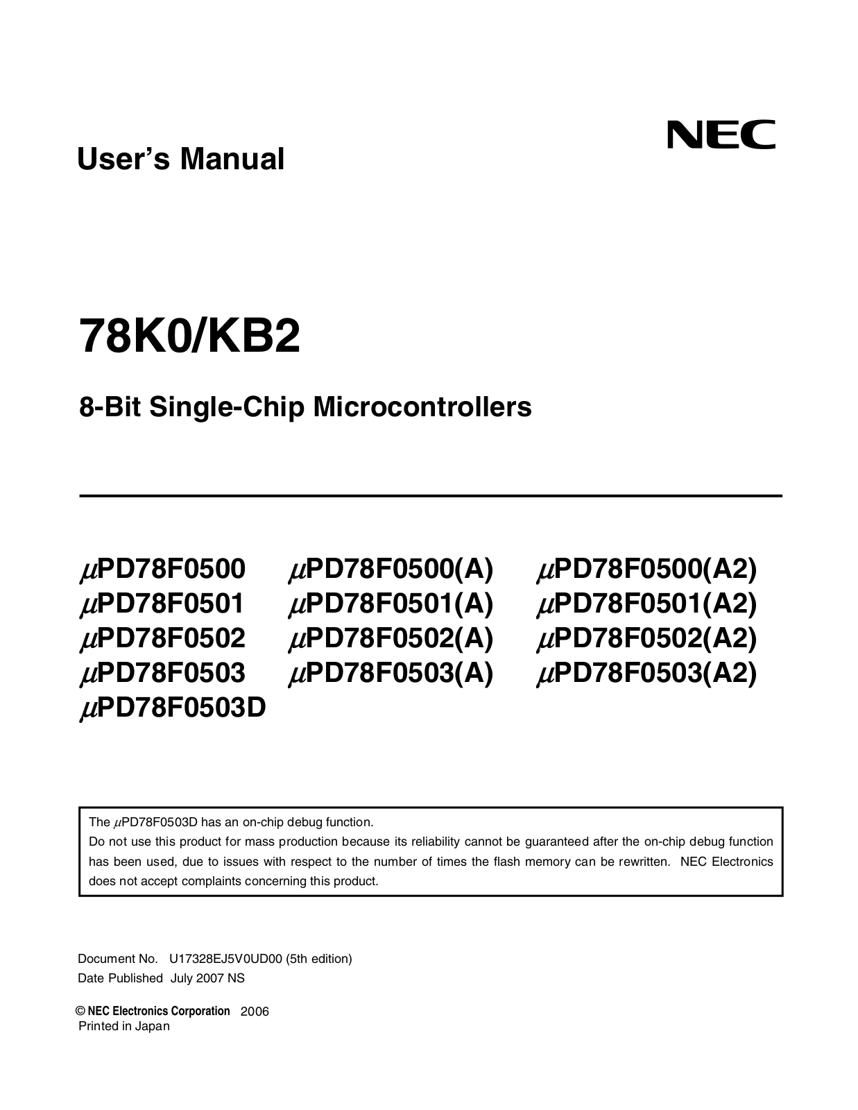 NEC PD78F0500, PD78F0500-A, PD78F0500-A2, PD78F0501, PD78F0501-A User Manual