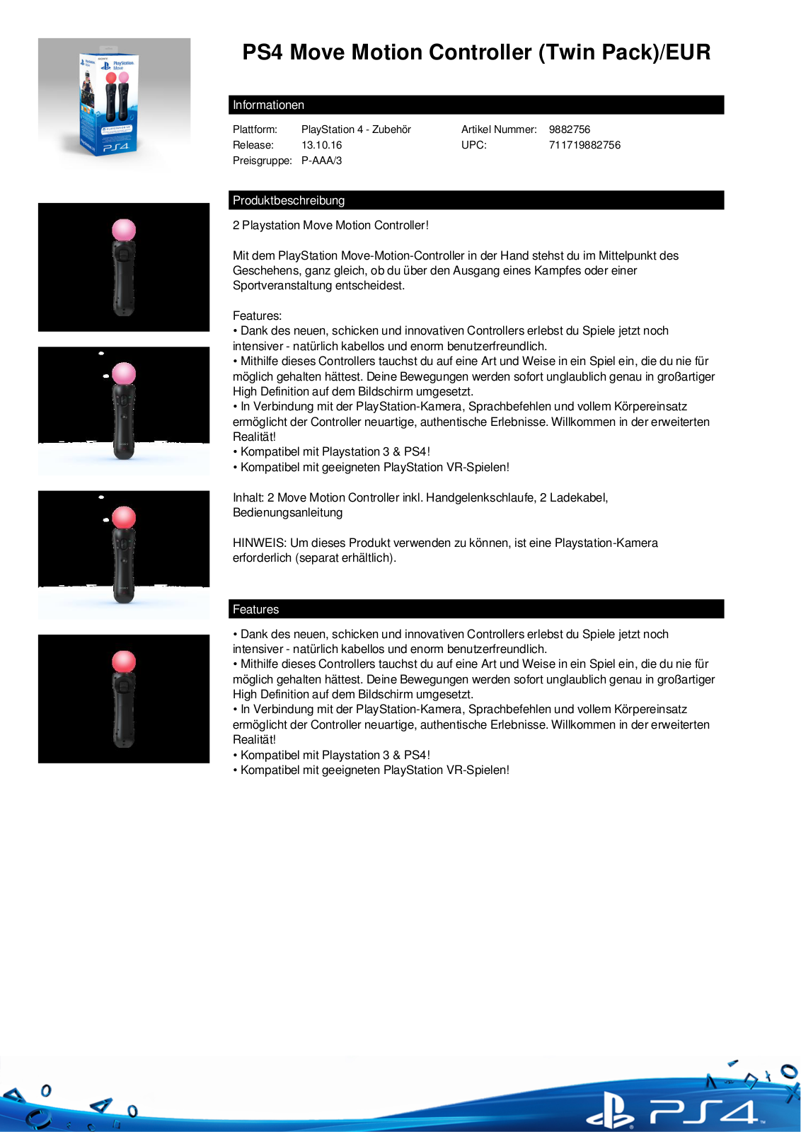 Sony PlayStation 4 Move Technical data