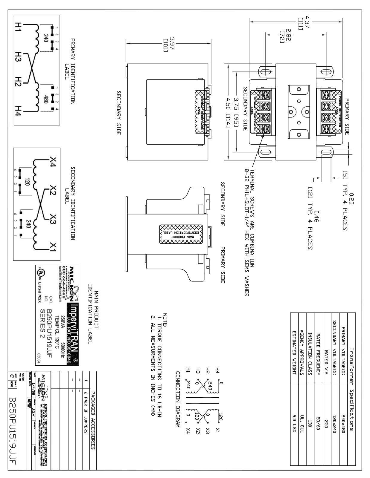 Micron Industries B250PU1519JJF Specification Sheet