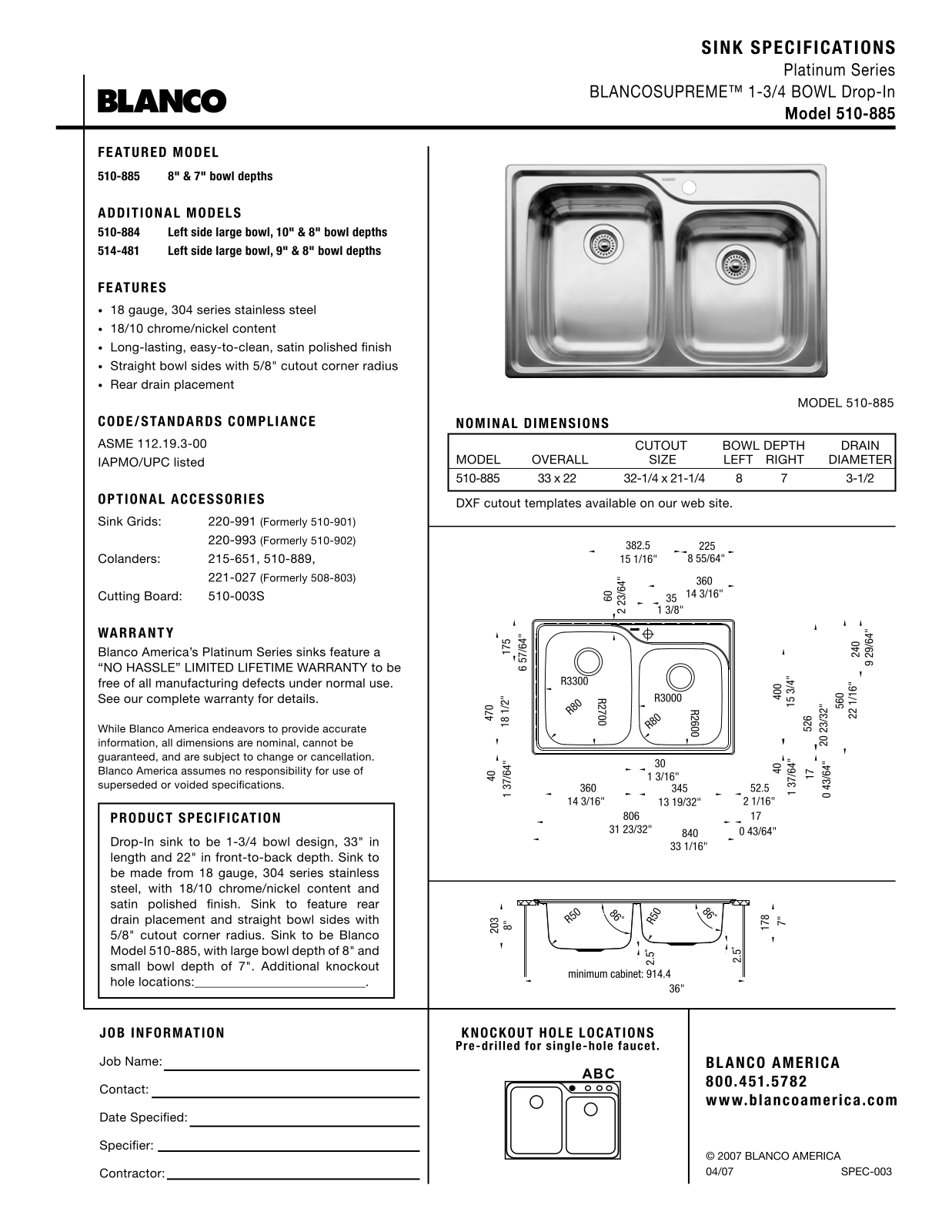 Blanco 510-885 User Manual