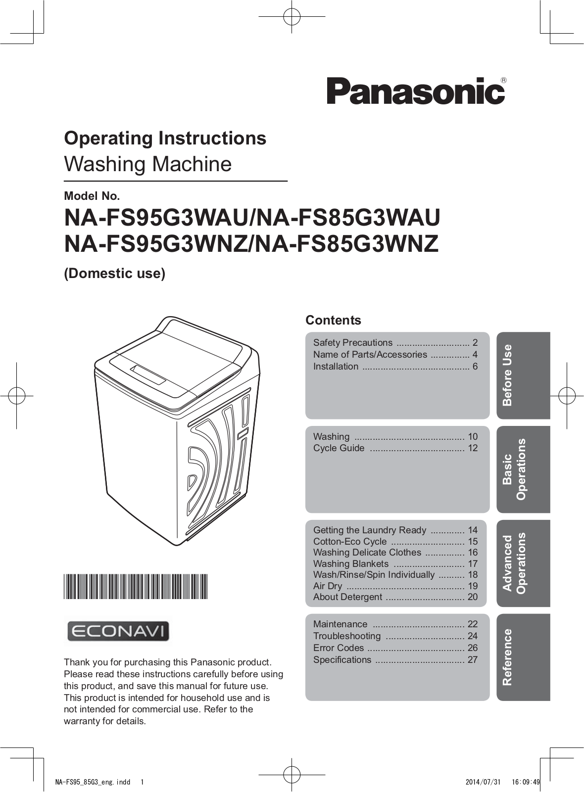 Panasonic NA-FS95G3WAU, NA-FS85G3WAU User Manual