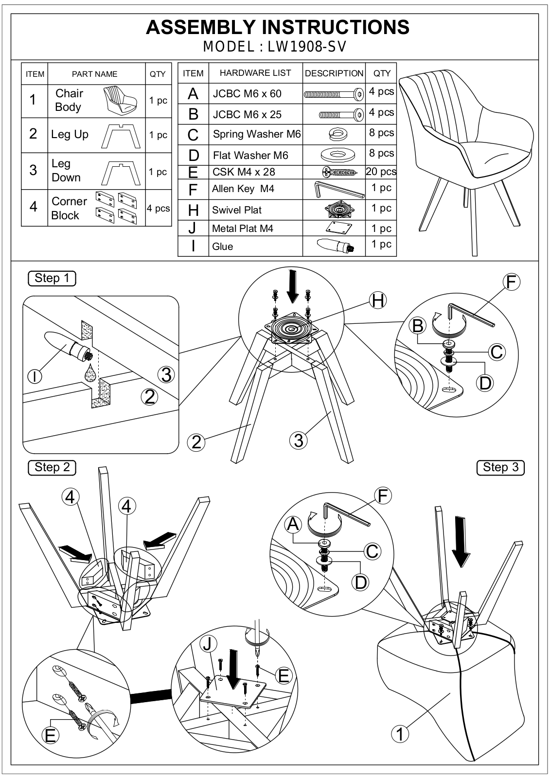 Stool Group LW1908-SV ASSEMBLY INSTRUCTIONS