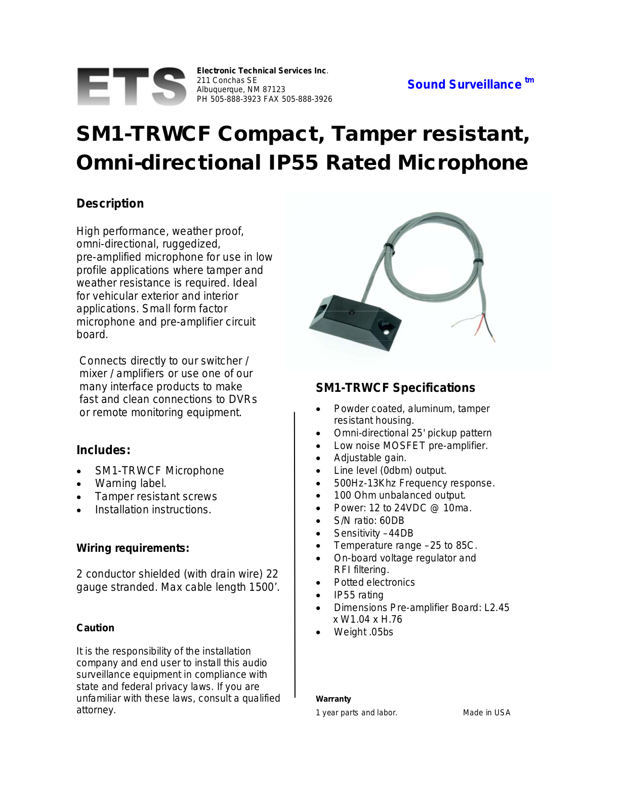 ETS SM1-TRWCF Specsheet