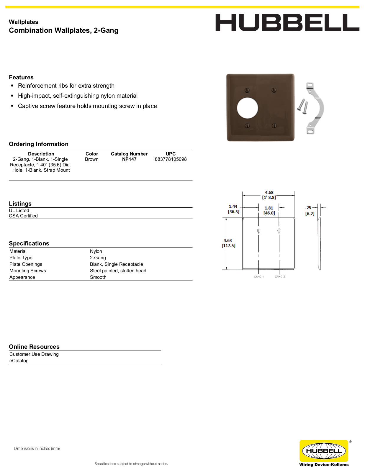 Hubbell NP147 Specifications