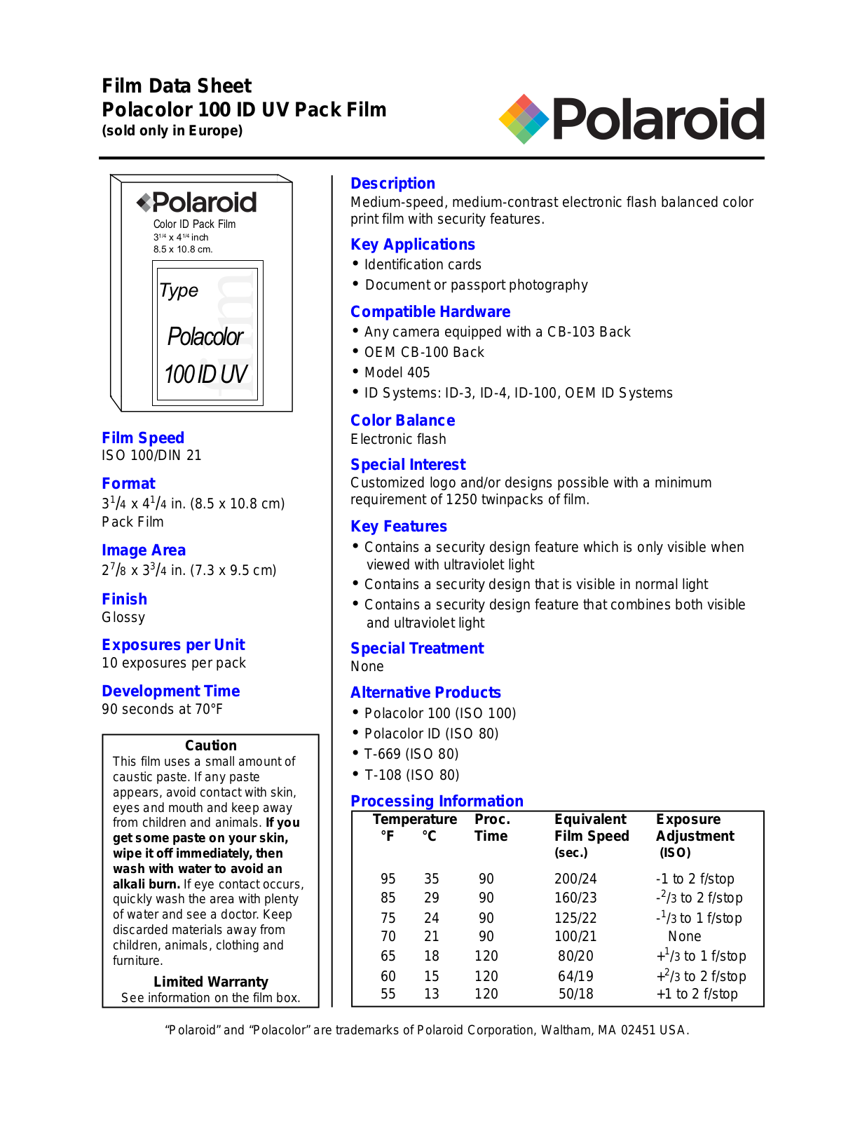 Polaroid POLACOLOR 100 ID UV User Manual