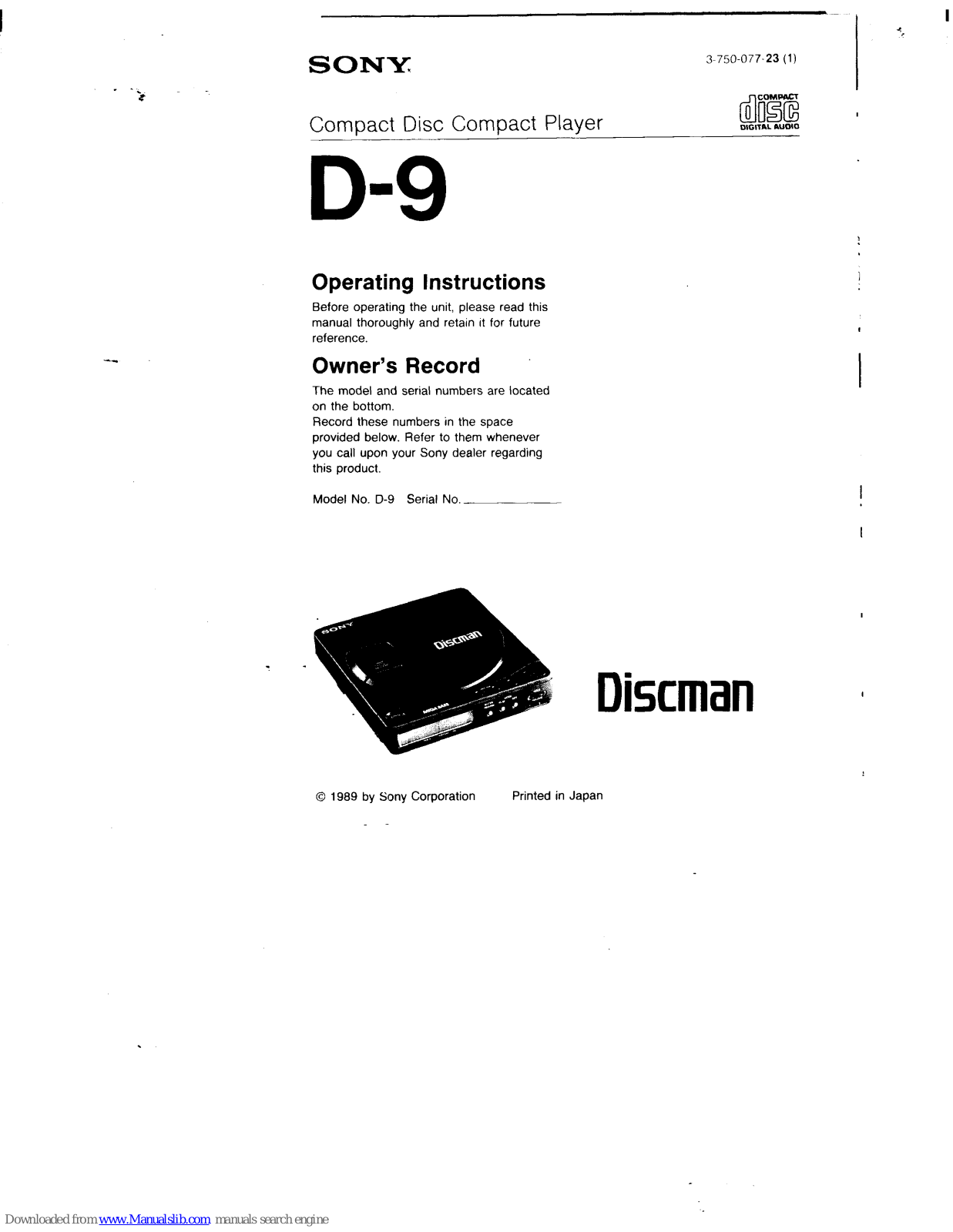 Sony Discman D-9 Operating Instructions Manual